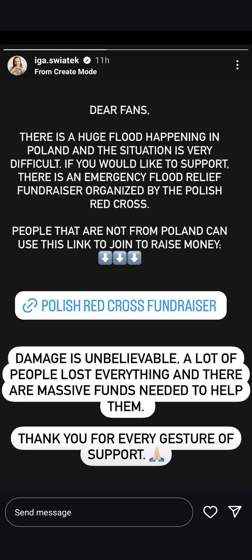 Iga Swiatek&#039;s Instagram plea for financial aid amid Poland floods (Source: Instagram/Iga Swiatek)