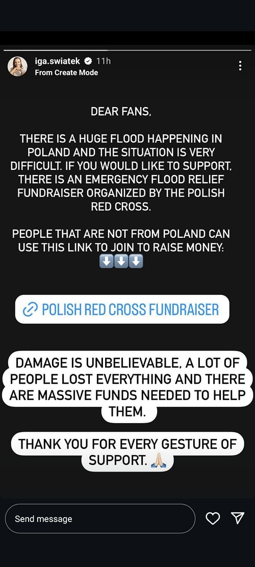 Iga Swiatek's Instagram plea for financial aid amid Poland floods (Source: Instagram/Iga Swiatek)