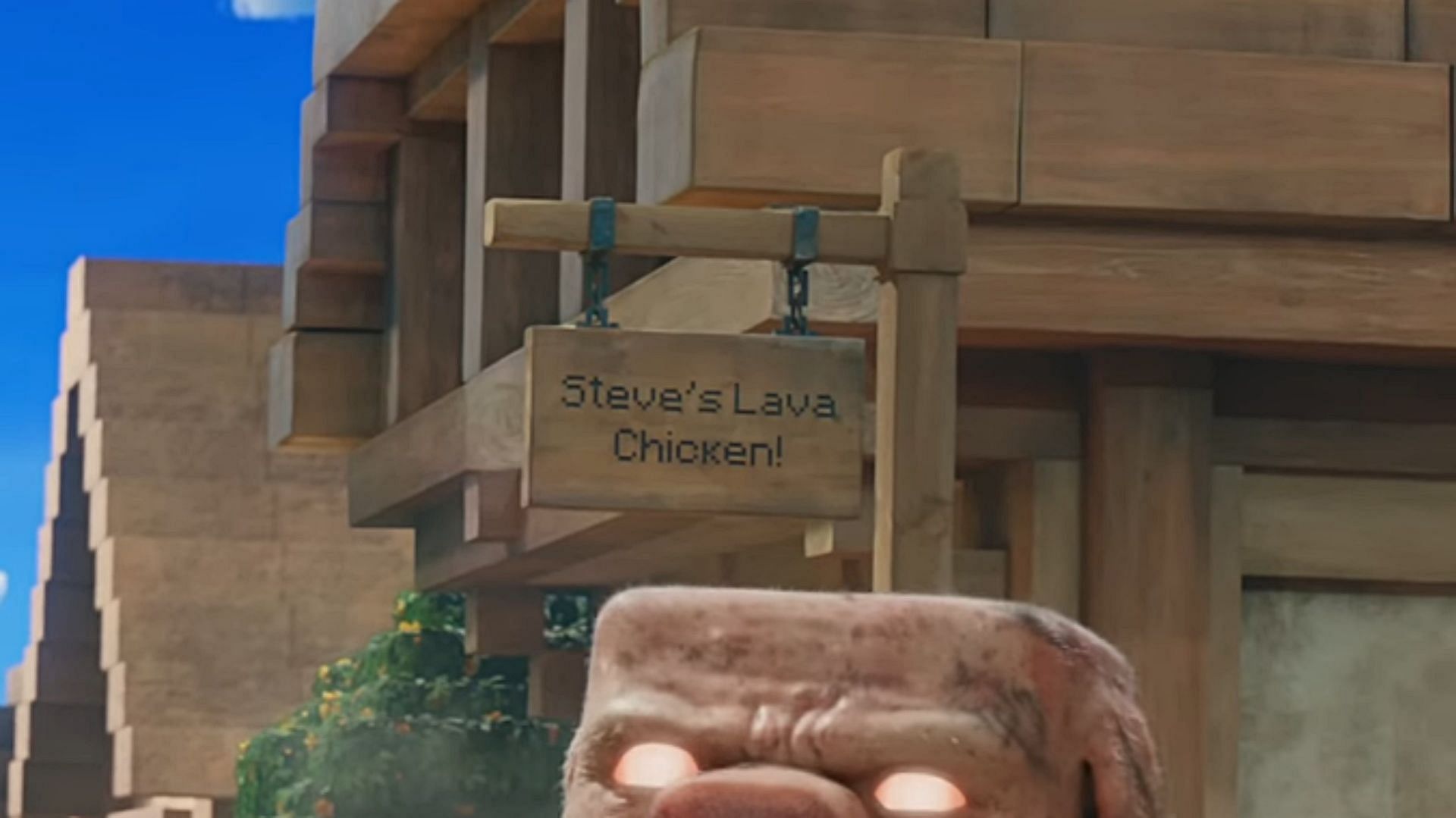 Steve&#039;s lava chicken sign in one of the shots (Image via YouTube/Warner Bros)