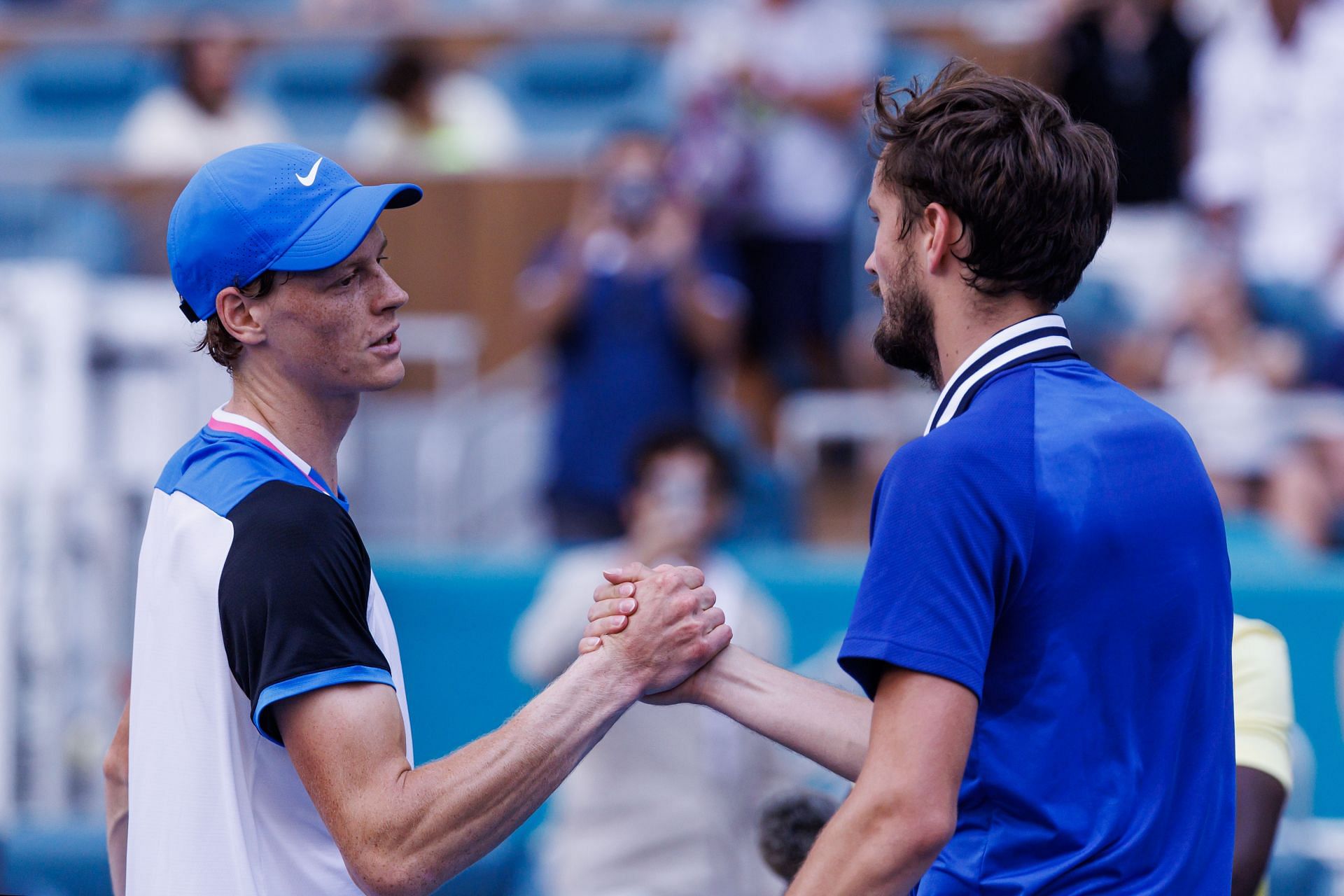 Jannik Sinner (L) and Daniil Medvedev pictured at the 2024 Miami Open | Image Source: Getty