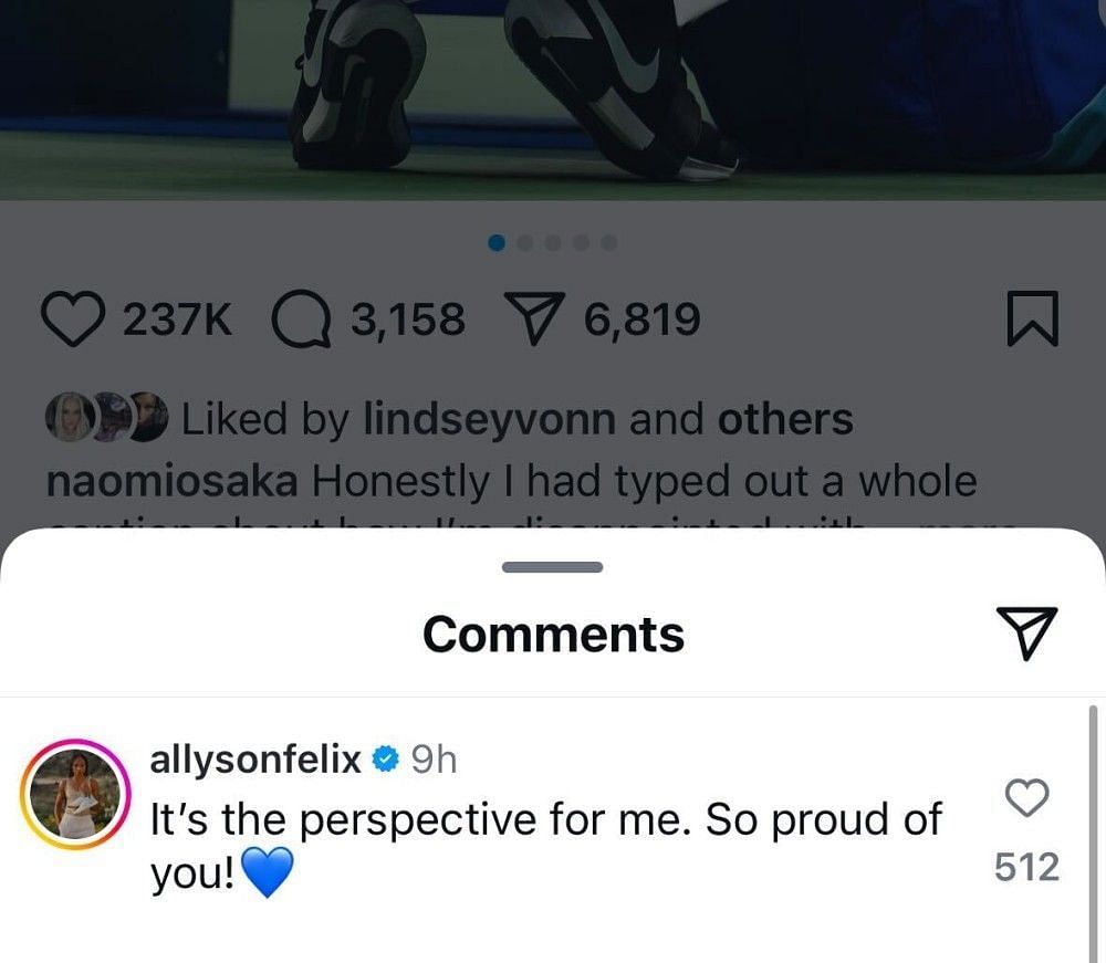 Screenshot of Allyson Felix&#039;s comment on Naomi Osaka&#039;s Instagram post.