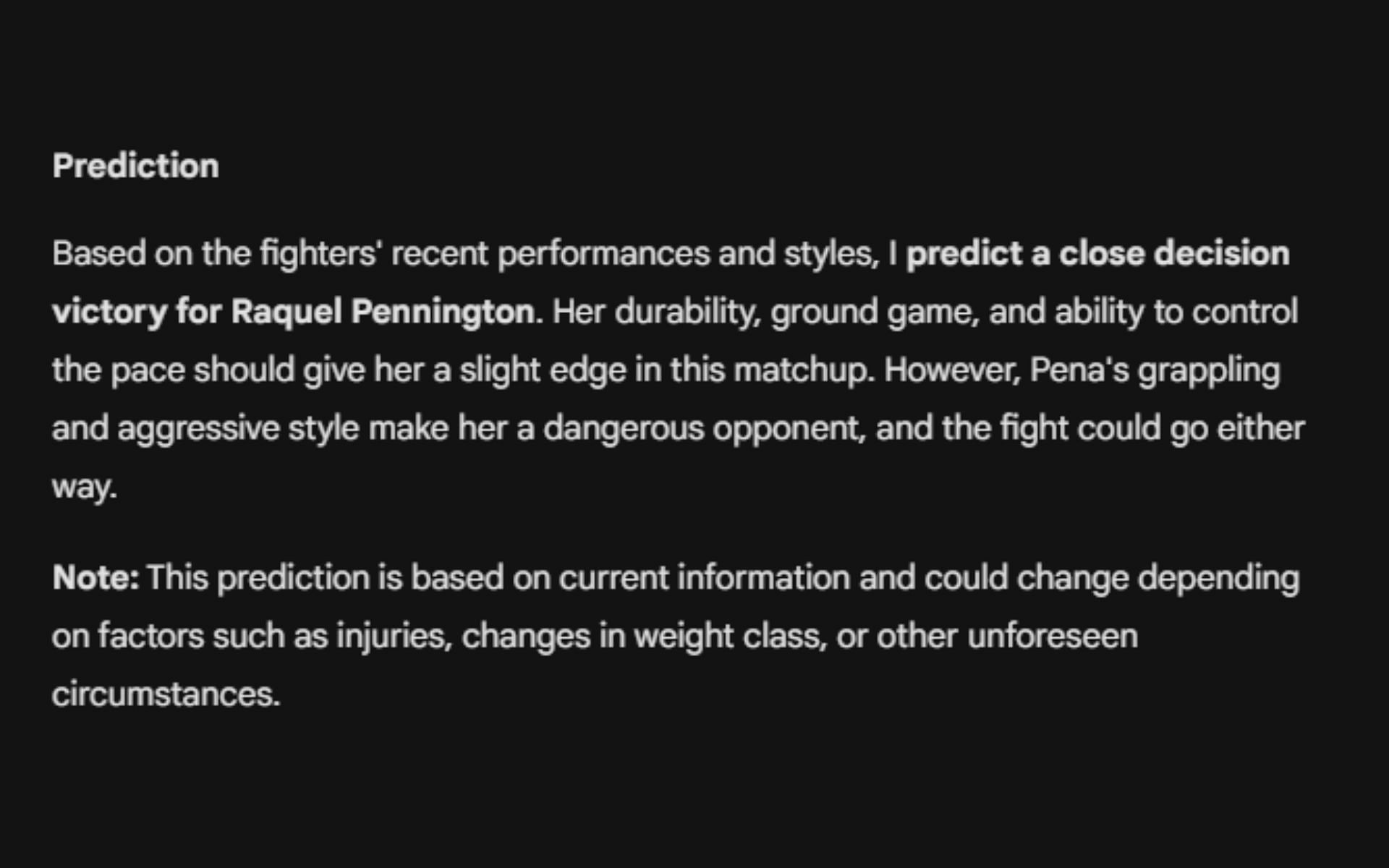 Screenshot of Google's AI prediction for Raquel Pennington vs. Julianna Pena