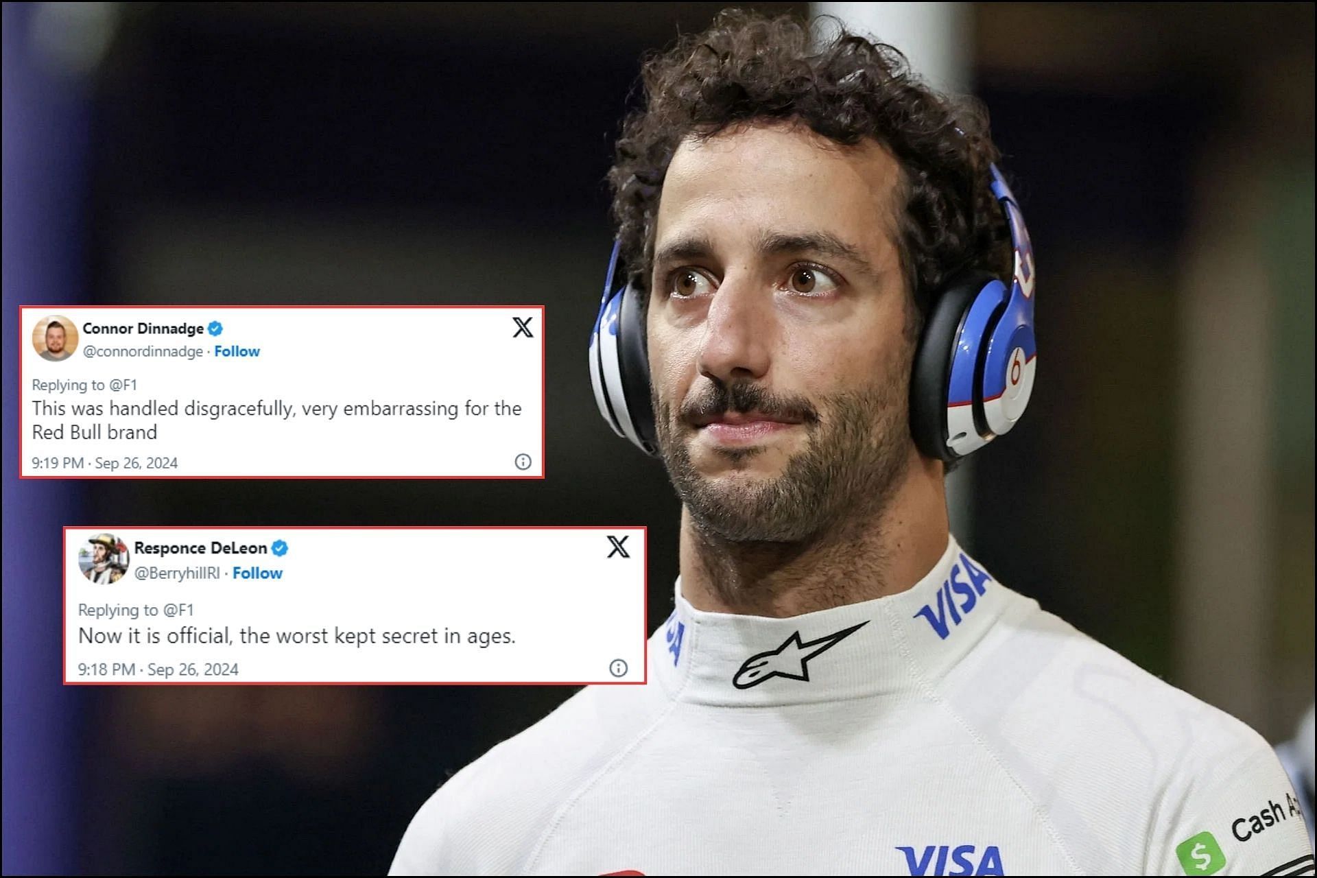 Fans react to Daniel Ricciardo departing from VCARB mid-season (Images from @connordinnadge and @BerryhillRI on X and Getty Images)