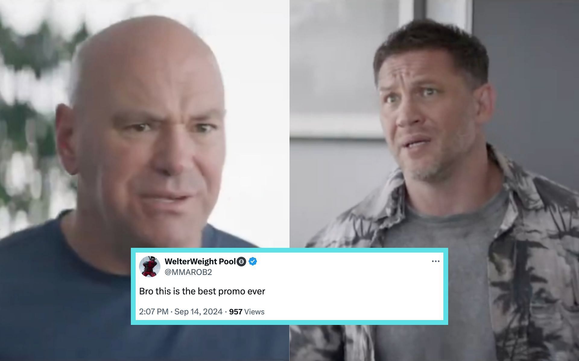 Fans react to Dana White (left) being in a new trailer for Venom: The Last Dance with Tom Hardy (right). [Images courtesy: @danawhite on X]