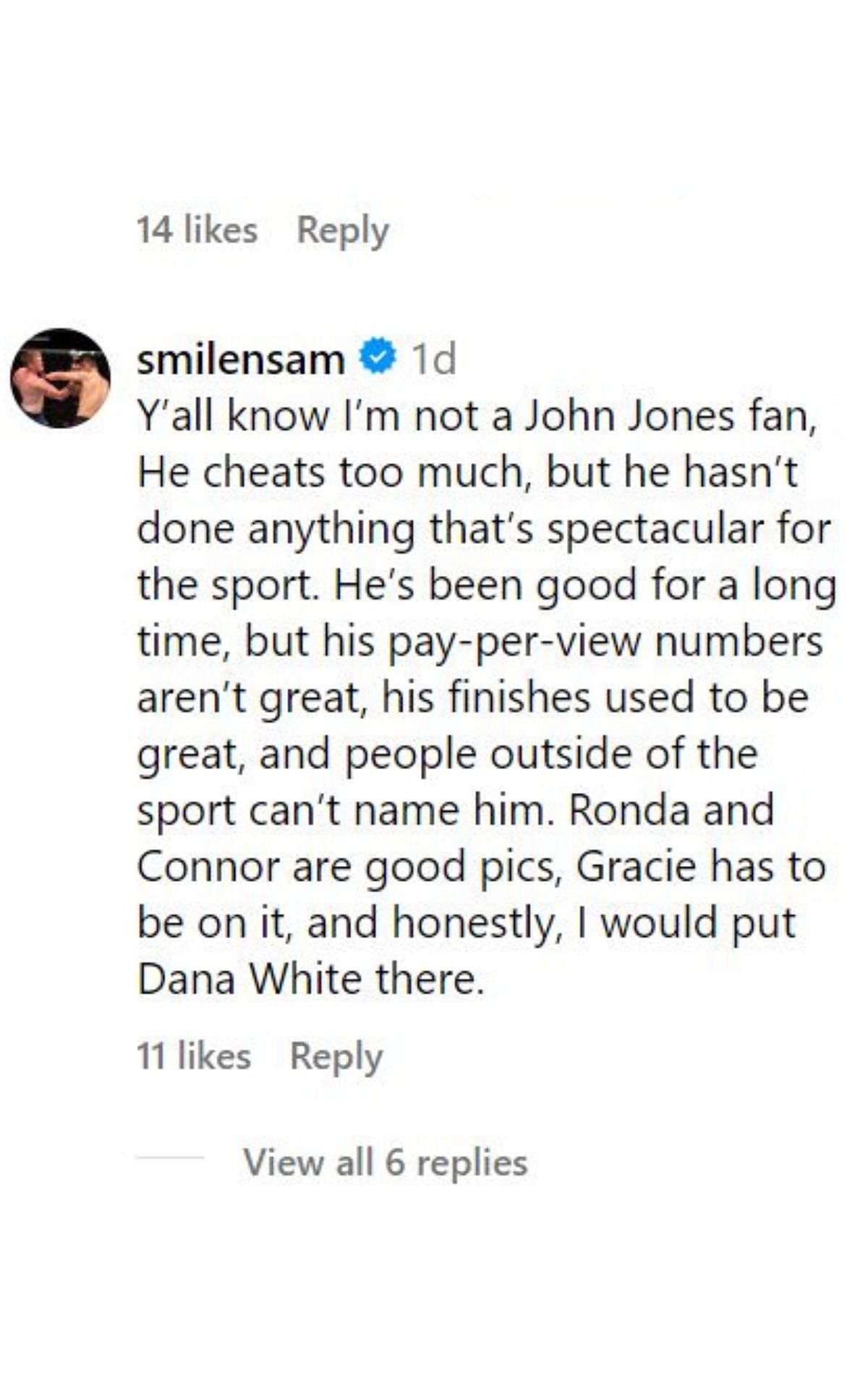 Sam Alvey&#039;s comment. [Image courtesy: @mmafighting on Instagram]