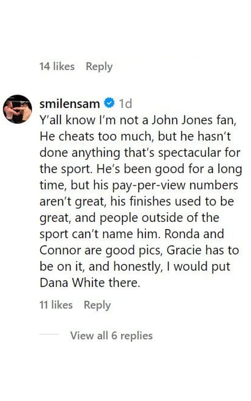 Sam Alvey's comment. [Image courtesy: @mmafighting on Instagram]