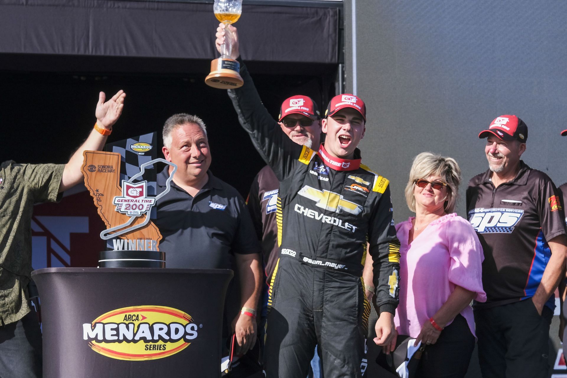 Sam Mayer celebrates after winning the ARCA Menards Series West General Tire 200 race on June 07, 2024, at Sonoma Raceway (Source: Getty)