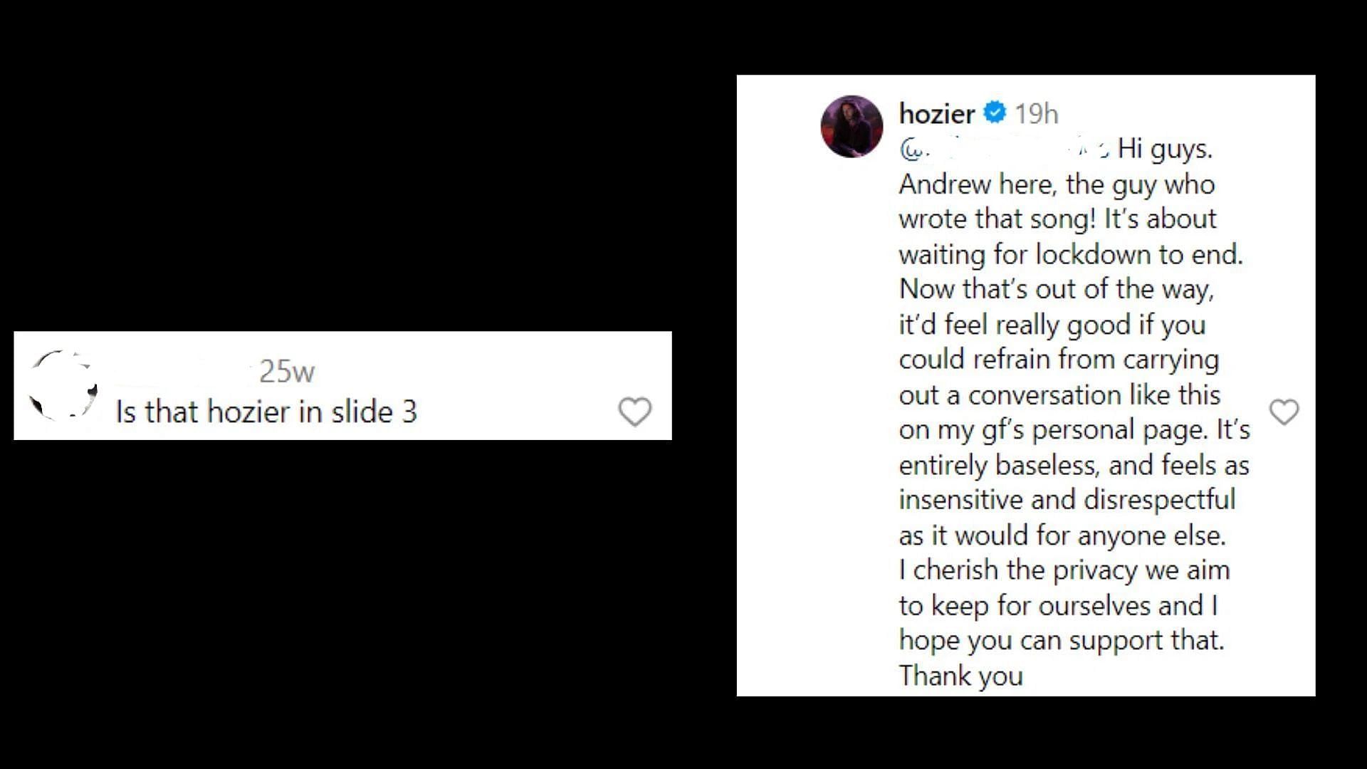 The comment and Andrew&#039;s response (Images via Instagram/hanamayeda)