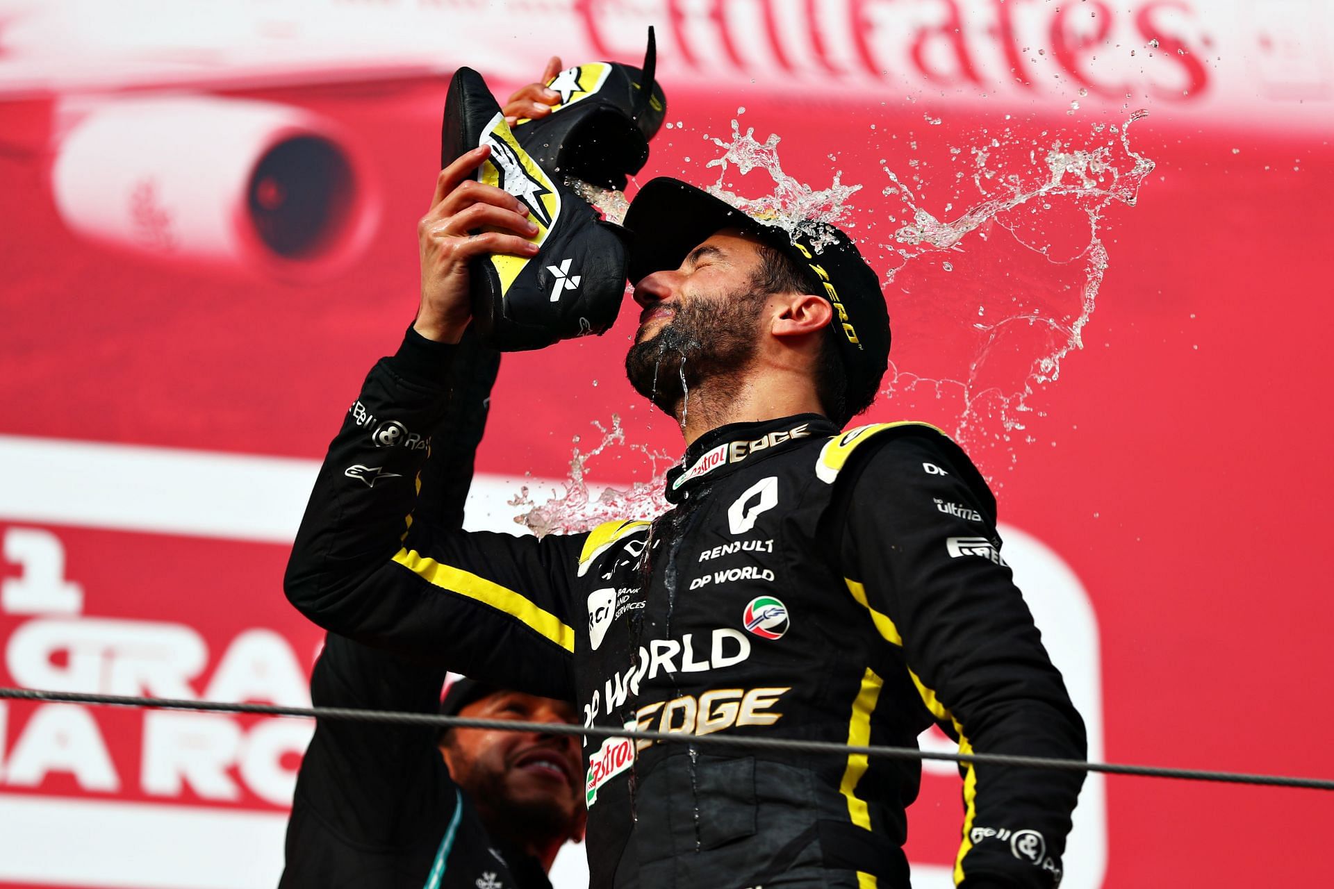 Daniel Ricciardo of Australia and Renault Sport F1 celebrates on the podium with a shoey. Source: Getty Images