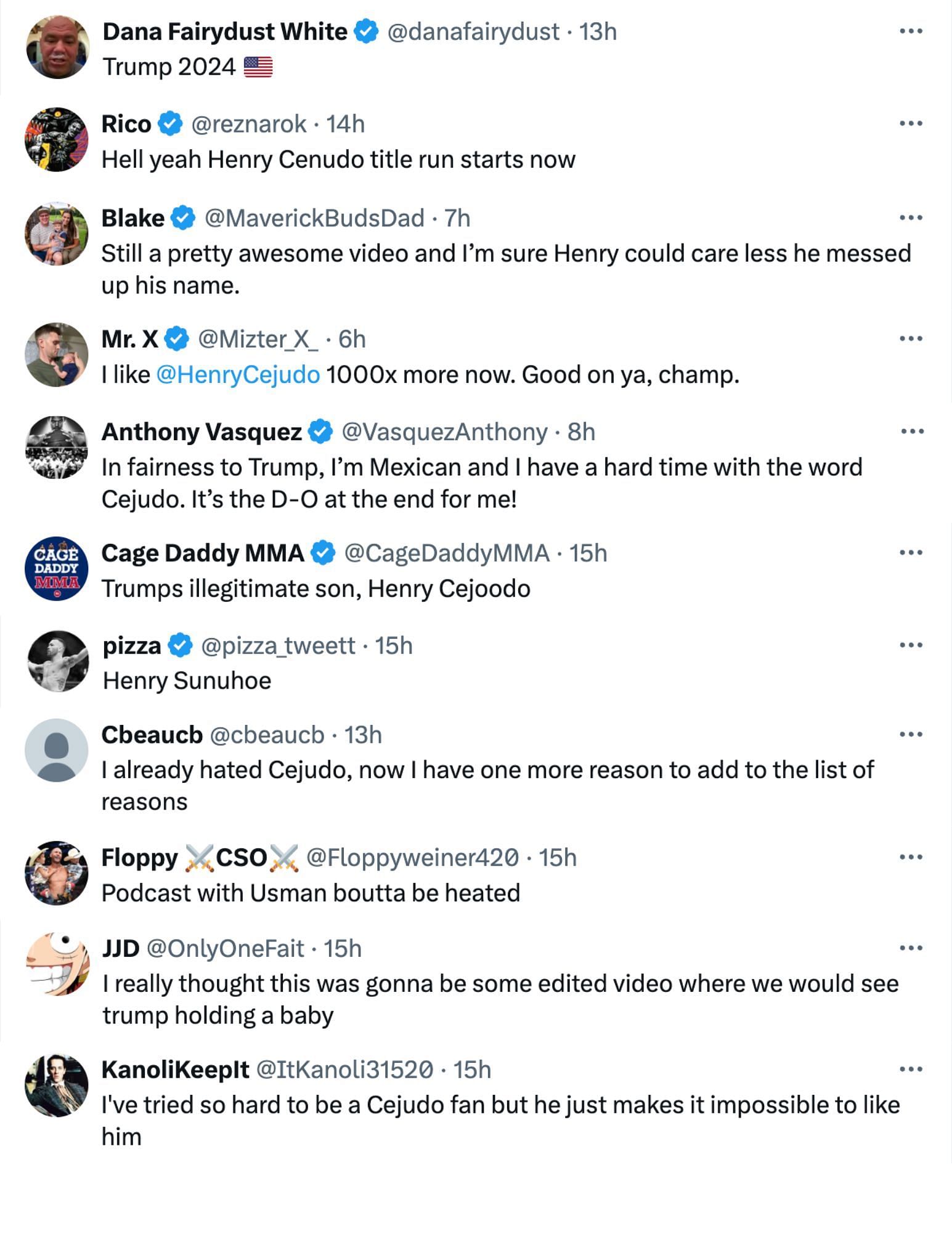 Fans react to Donald Trump bringing up Henry Cejudo. [Image courtesy: @champrds on X]