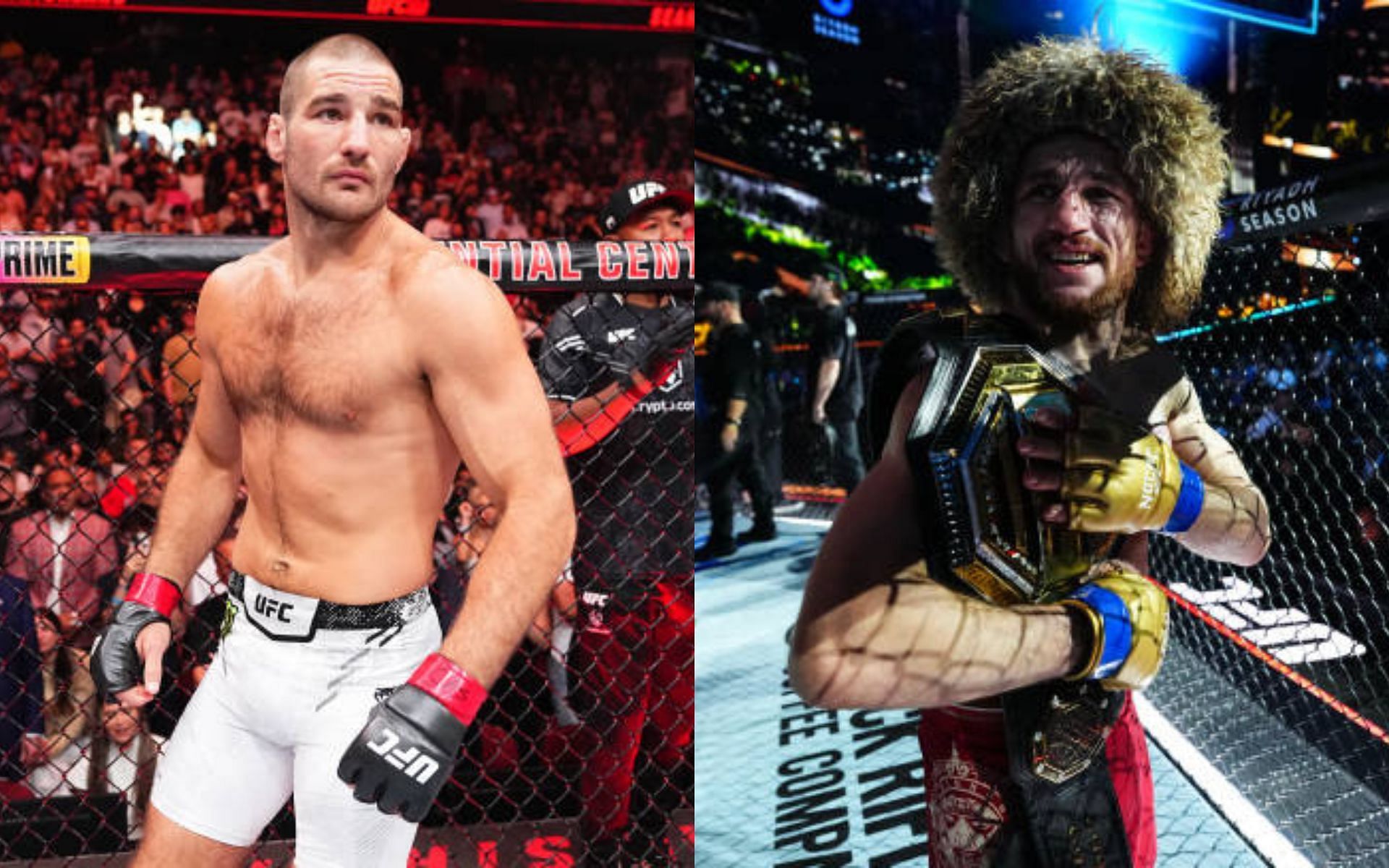 Sean Strickland (left) reacts to Merab Dvalishvili (right) claiming the bantamweight title [Image credits: Getty Images]