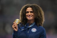 Sydney McLaughlin-Levrone celebrates with her women's 400m hurdles gold medal at the 2024 Summer Olympic Games in Paris, France. (Photo via Getty Images)