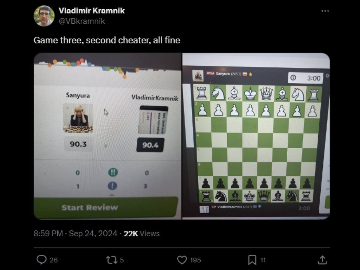 Kramnik accusing Aleksandra Maltsevskaya of cheating (Image via X/Vladimir Kramnik)