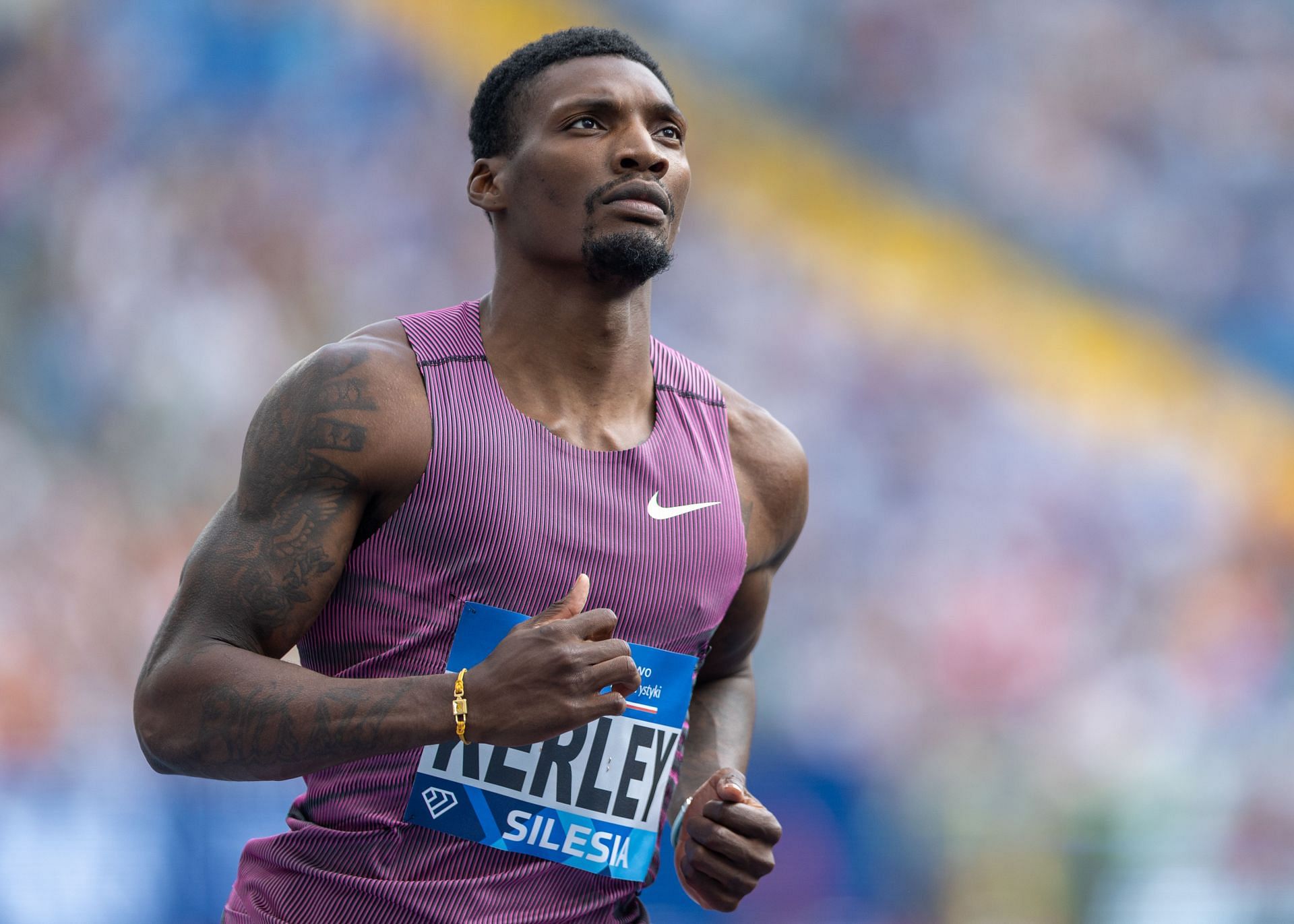 Fred Kerley reacts after men&#039;s 100m run during the Diamond League in Chorzow, Poland. (Photo via Getty Images)