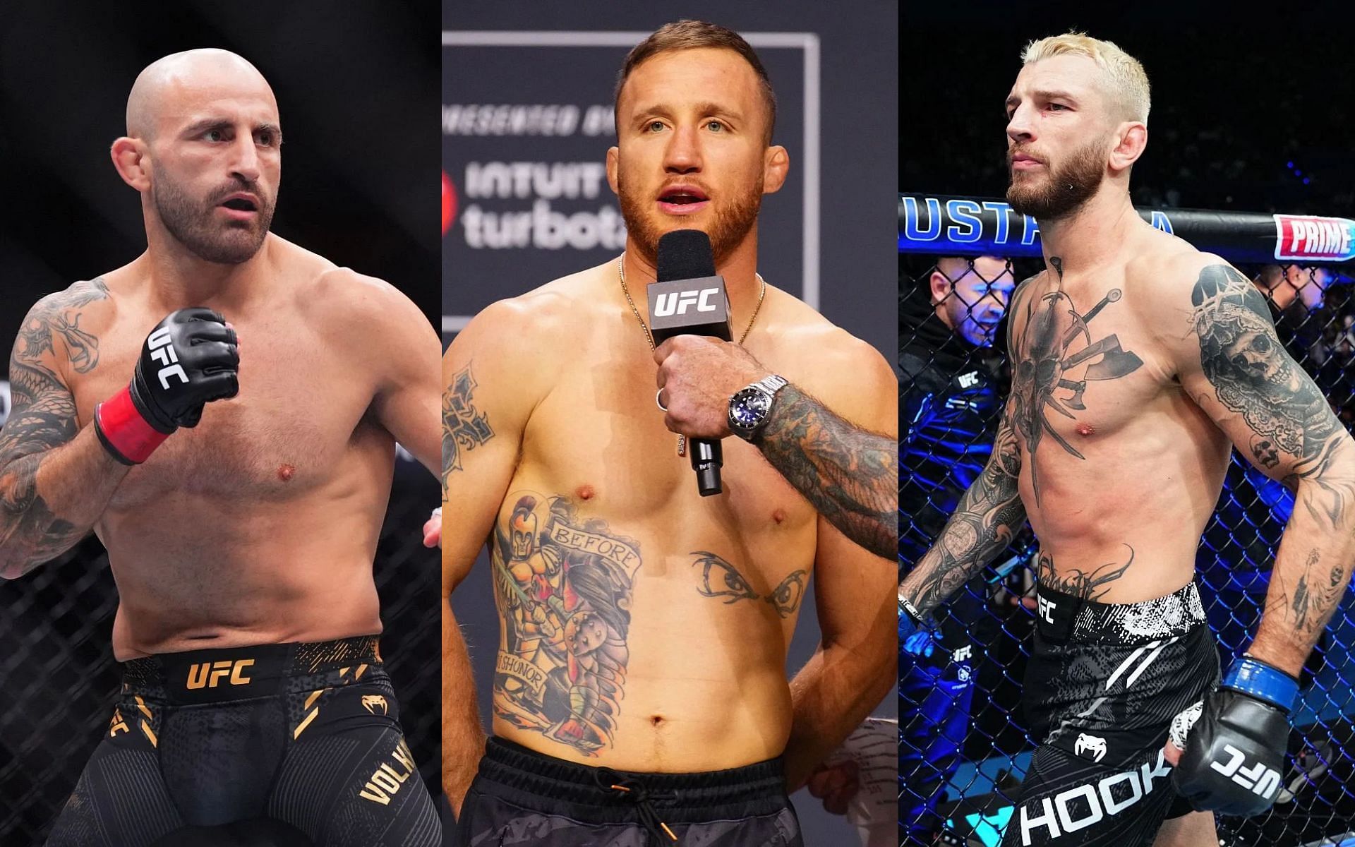 Justin Gaethje (middle) shares four-man list for his next fight that include both Alex Volkanovski (left) and Dan Hooker (right) [Images courtesy: Getty Images]