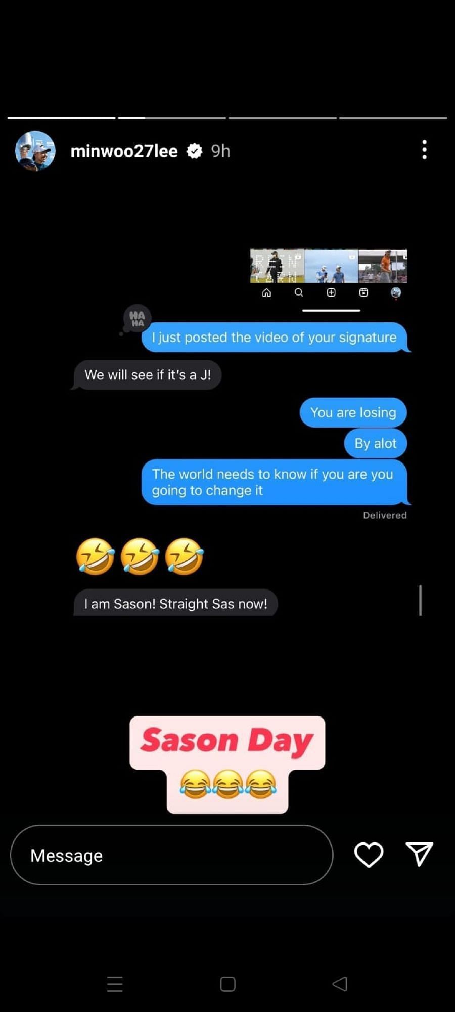 Min Woo Lee and Jason Day's conversation ( via Min Woo Lee's Instagram story)