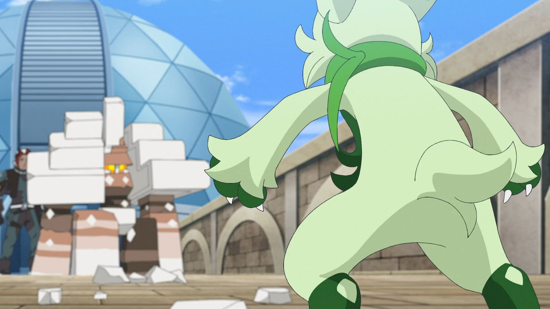 Floragato faces Garganacl in Pokemon Horizons Episode 66 (Image via The Pokemon Company)