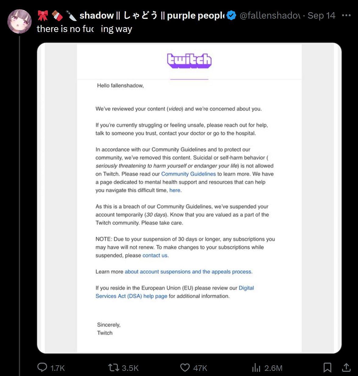 VTuber shares email banning her for 30 days (Image via fallenshadow_YT/X)