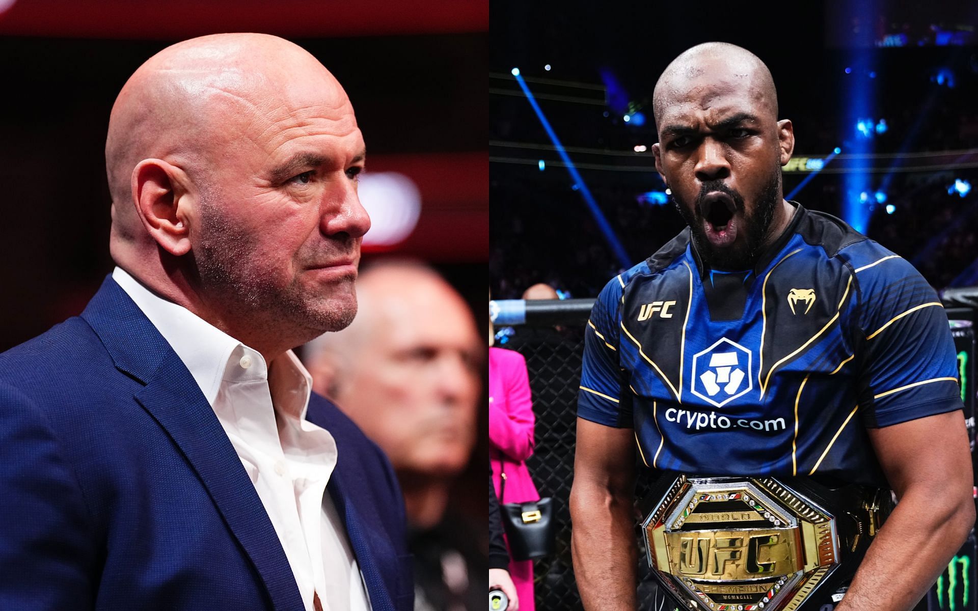 Dana White (left) reacts to jokes about Jon Jones (right) on IG Live. [Image courtesy: Getty Images] 