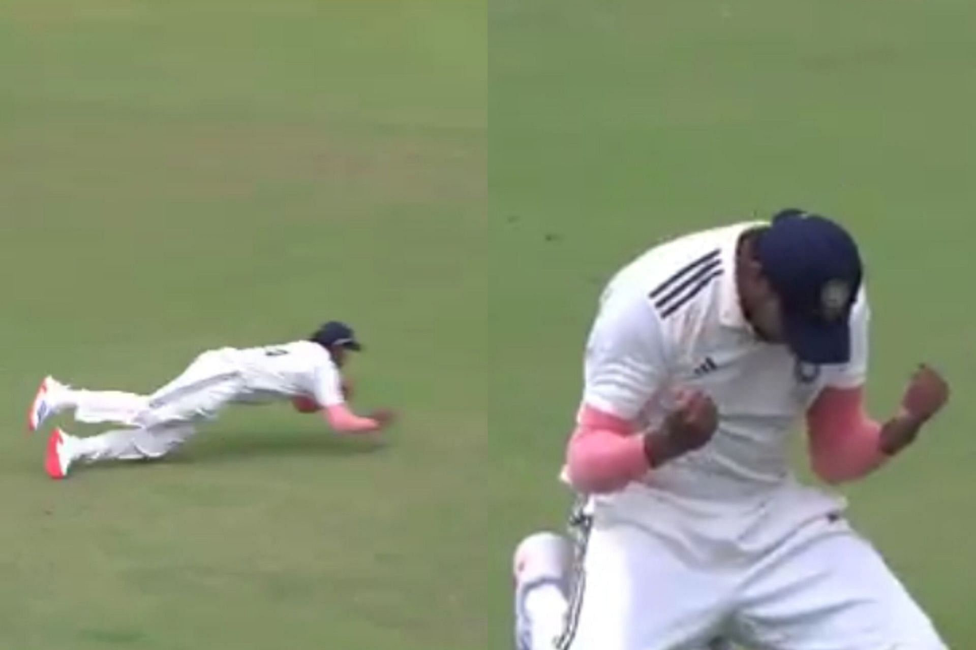 Harshit Rana takes a brilliant diving catch to dismiss Aryan Juyal (Image via X/@BCCIdomestic)