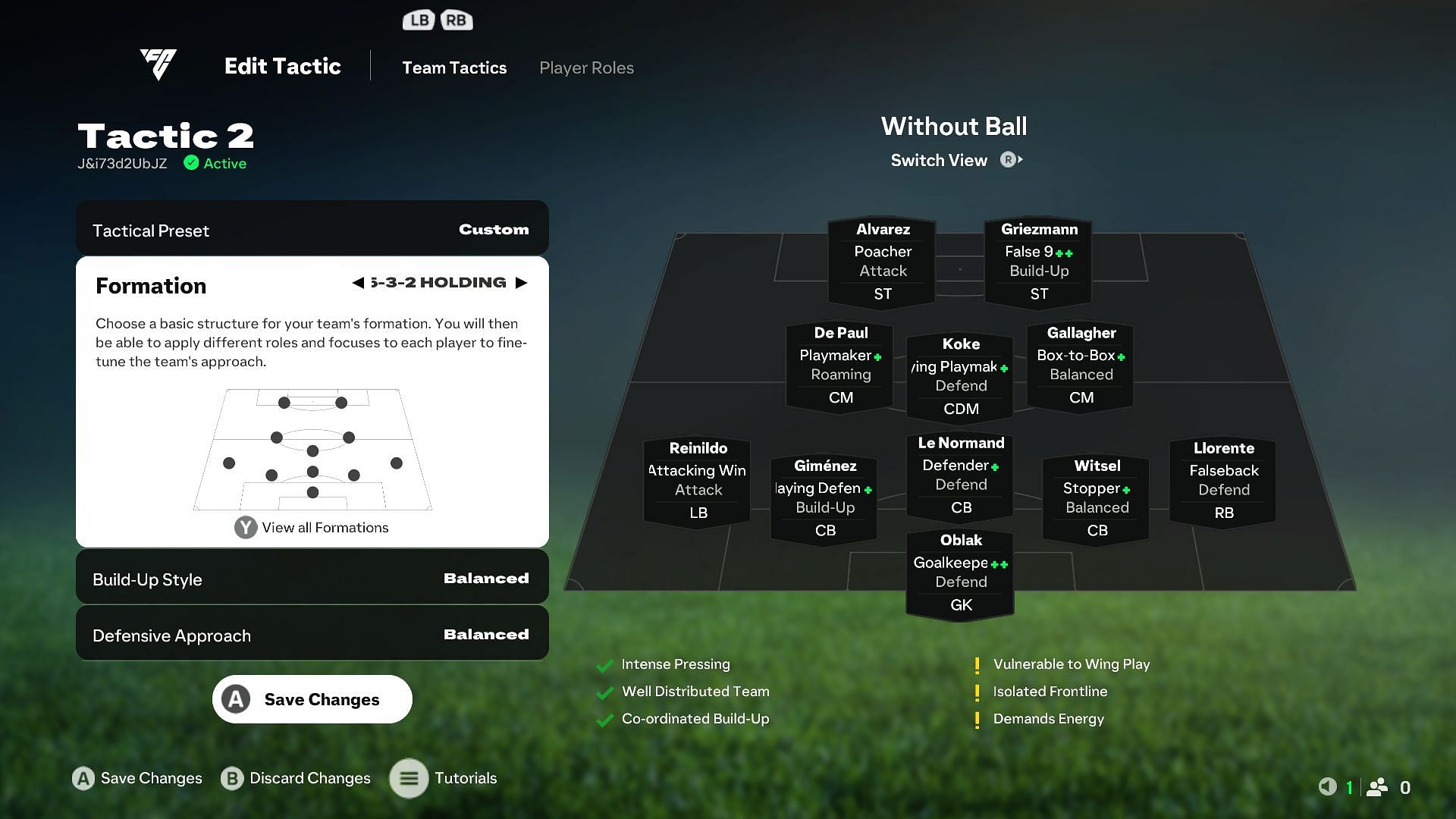 Assign these Player Roles to the suggested Atletico Madrid starting 11 (Image via EA Sports)