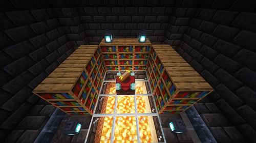 Slightly more than 15 bookshelves can be placed to make the enchanting table setup look better. (Image via Mojang Studios)