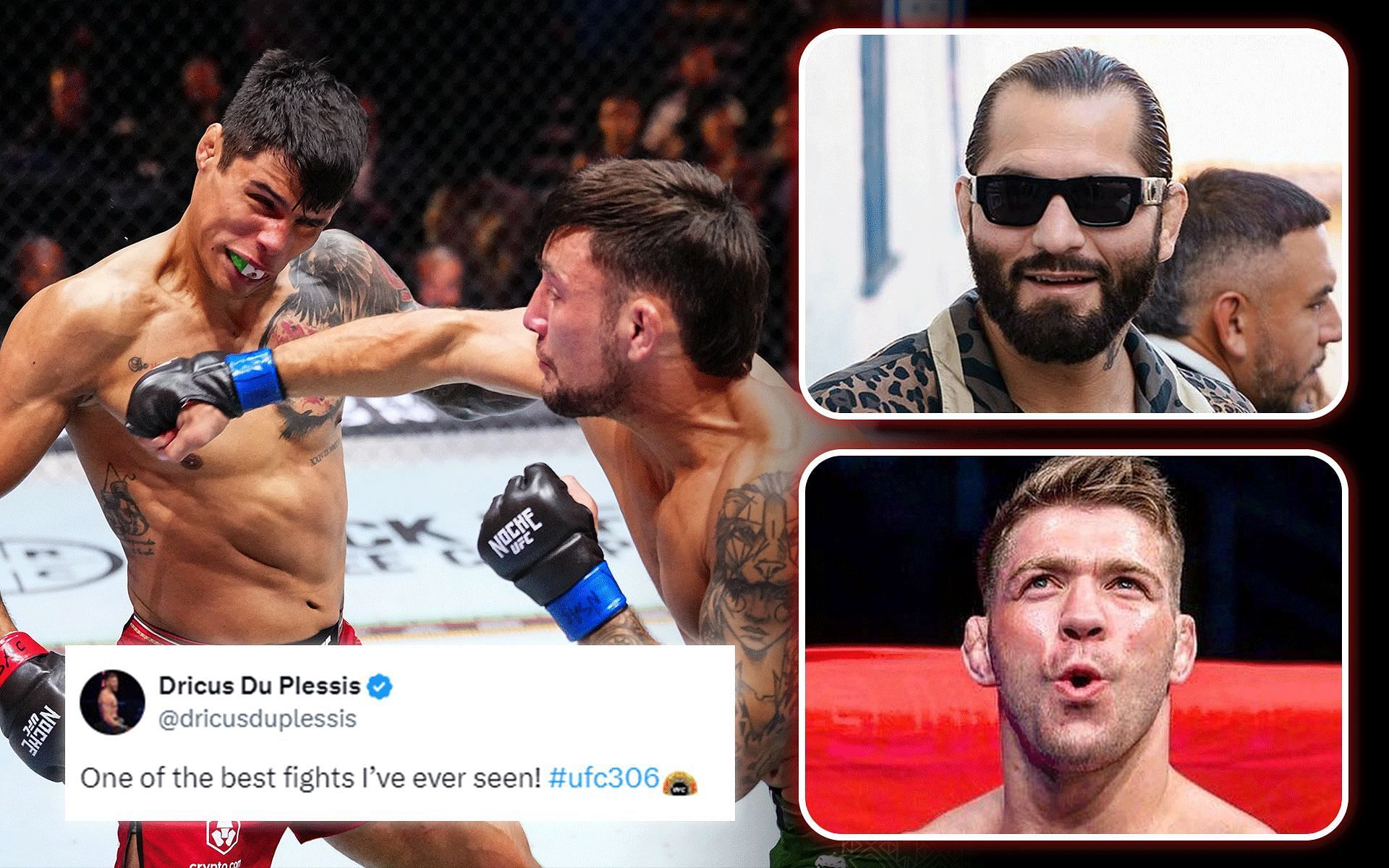 Dricus du Plessis (bottom inset), Jorge Masvidal (top inset) and other MMA fighters react to Daniel Zellhuber (left) vs. Esteban Ribovics (center) fight at Noche UFC 306. [Images courtesy: Getty and @dricusduplessis and @gamebredfighter on Instagram]