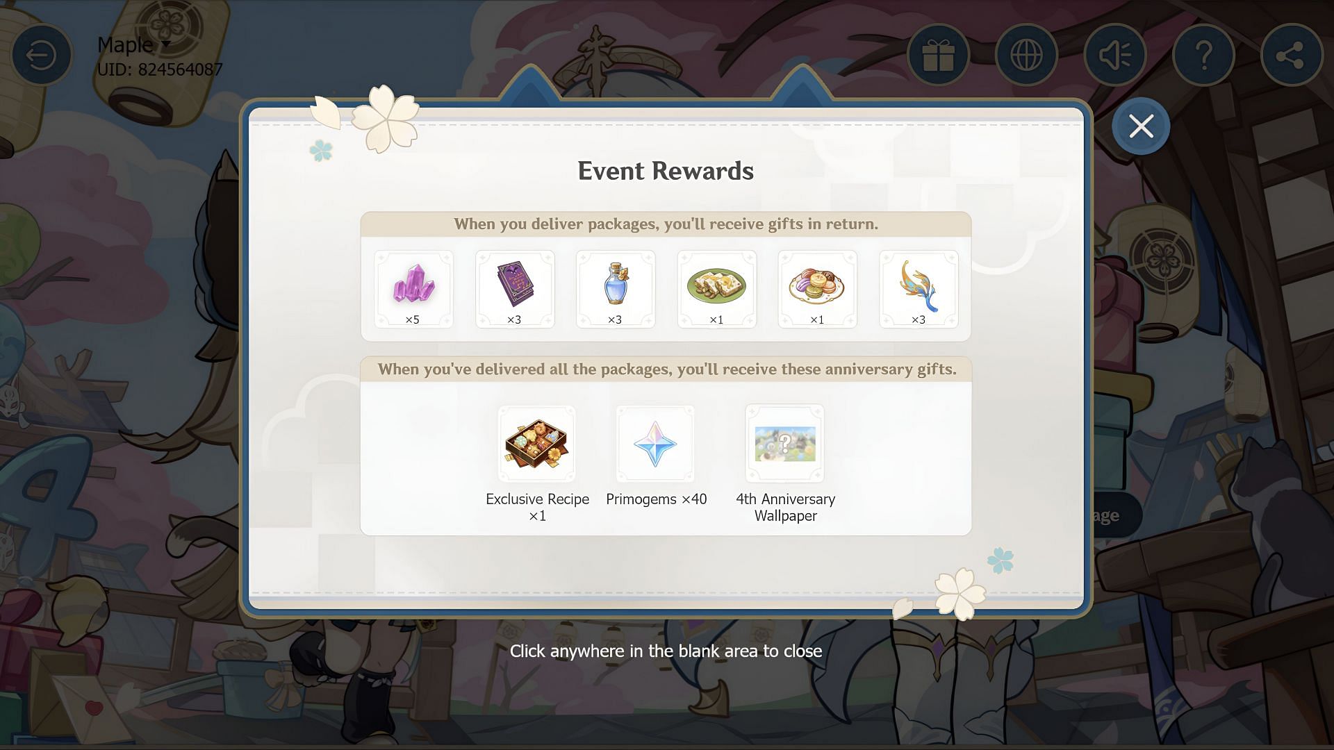 Teyvat&#039;s Special Delivery web event rewards (Image via HoYoverse)