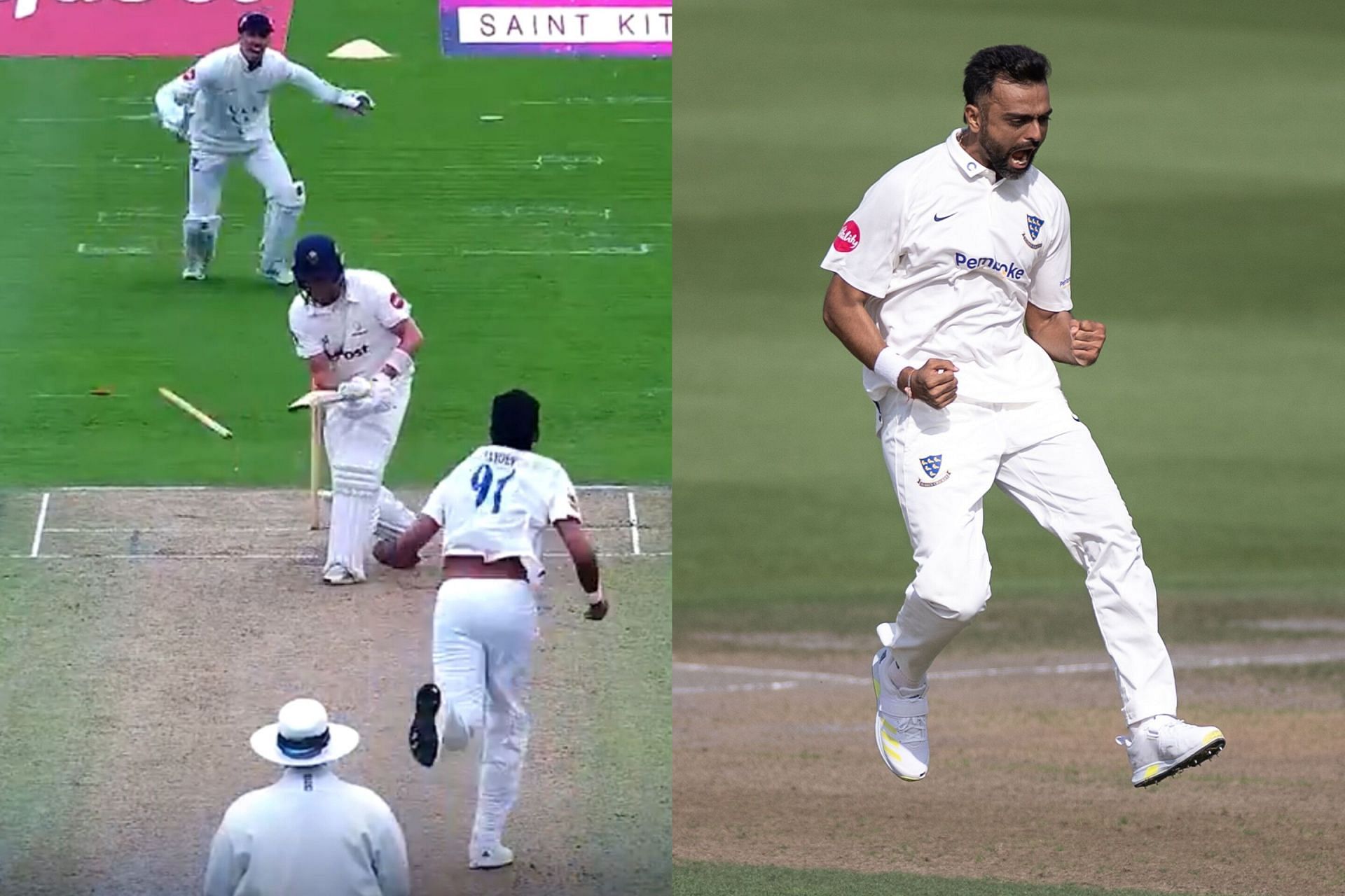 Jaydev Unadkat dismisses Sam Northeast with a snorter (Image via Instagram and X-@sussexccc