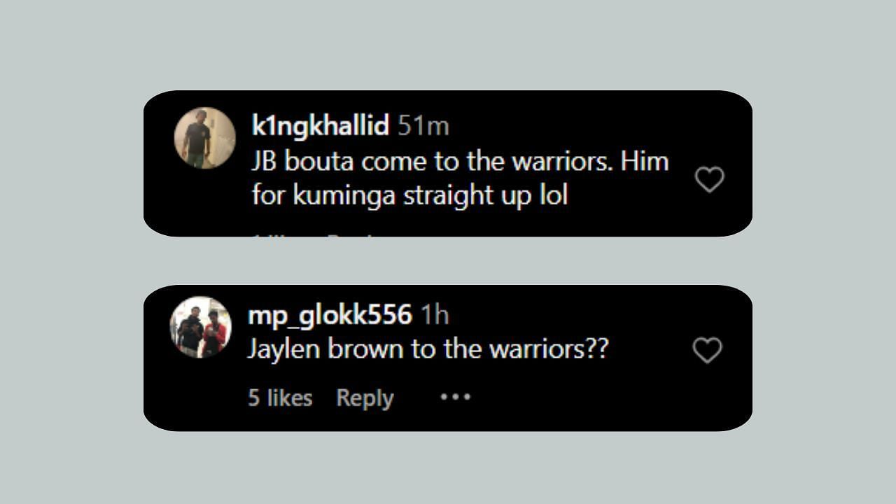 Fans talk about a possible Jaylen Brown-Warriros move. (Credits: @overtime/Instagram)