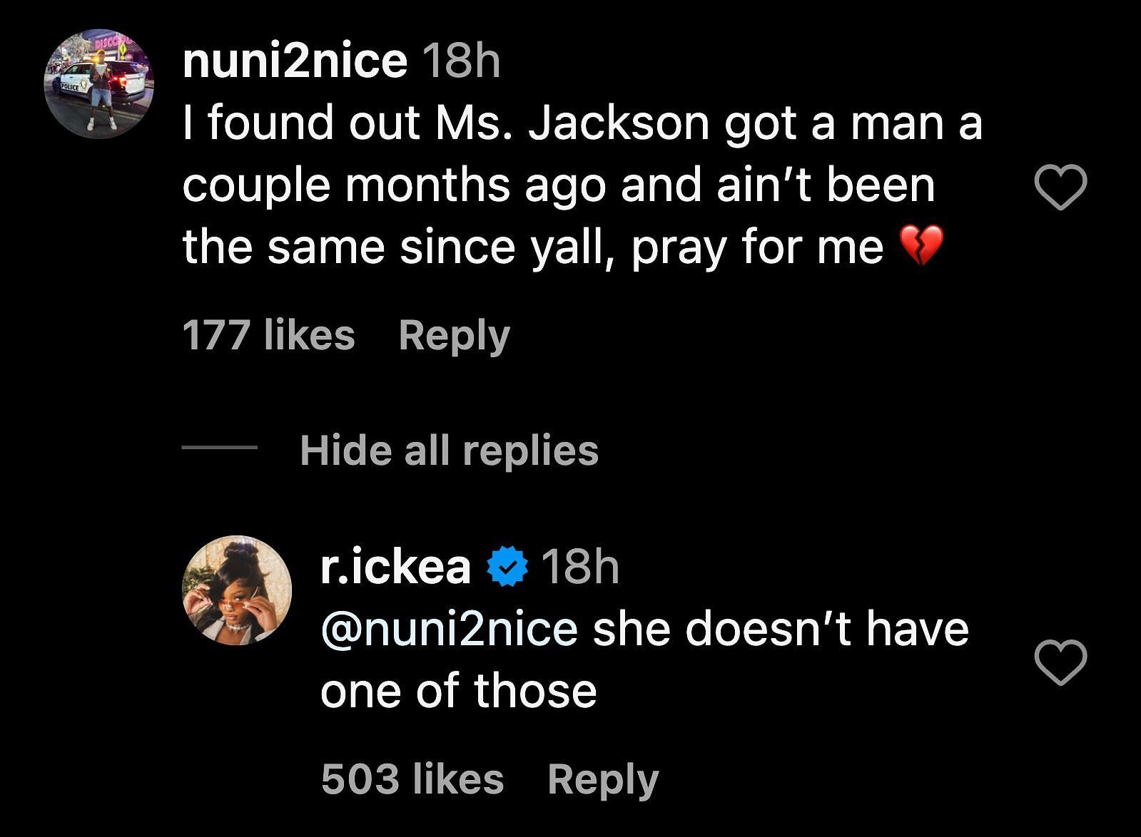 Rickea Jackson replies to fan (Rickea Jackson&#039;s Instagram)