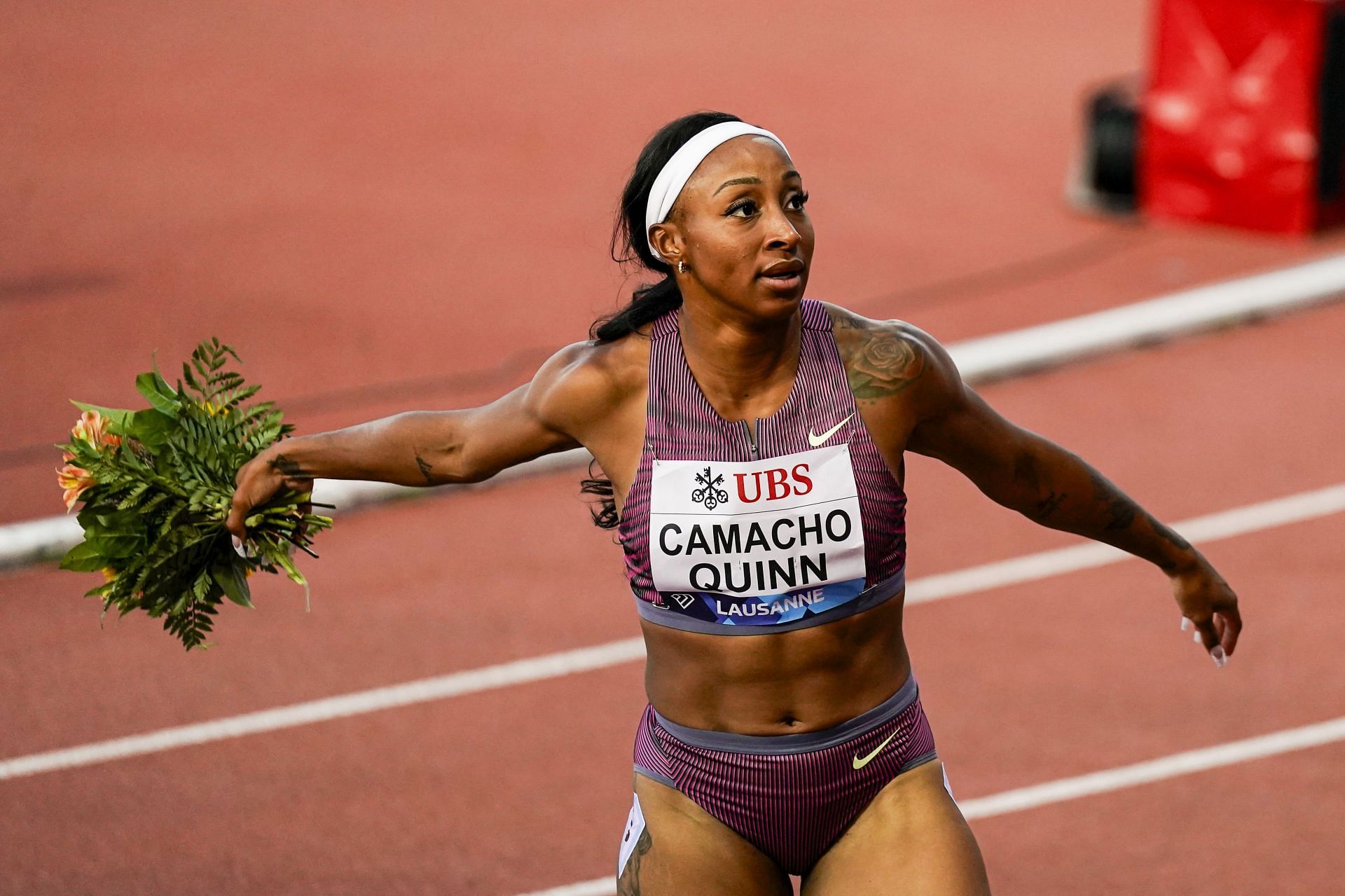 Jasmine Camacho-Quinn celebrates after finishing the 100m Hurdles Women at Lausanne Diamond League 2024 (Photo by Daniela Porcelli/Eurasia Sport Images/Getty Images)