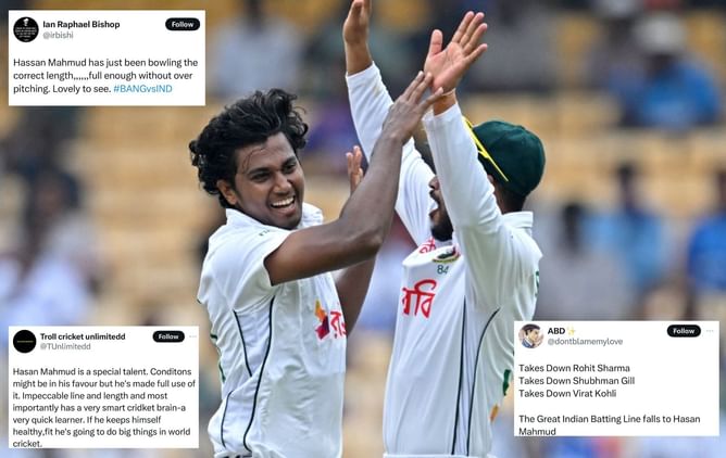 "Like watching Bhuvaneshwar Kumar at his prime" - Social media reacts as Hasan Mahmud claims 3 big wickets in IND vs BAN 2024 1st Test