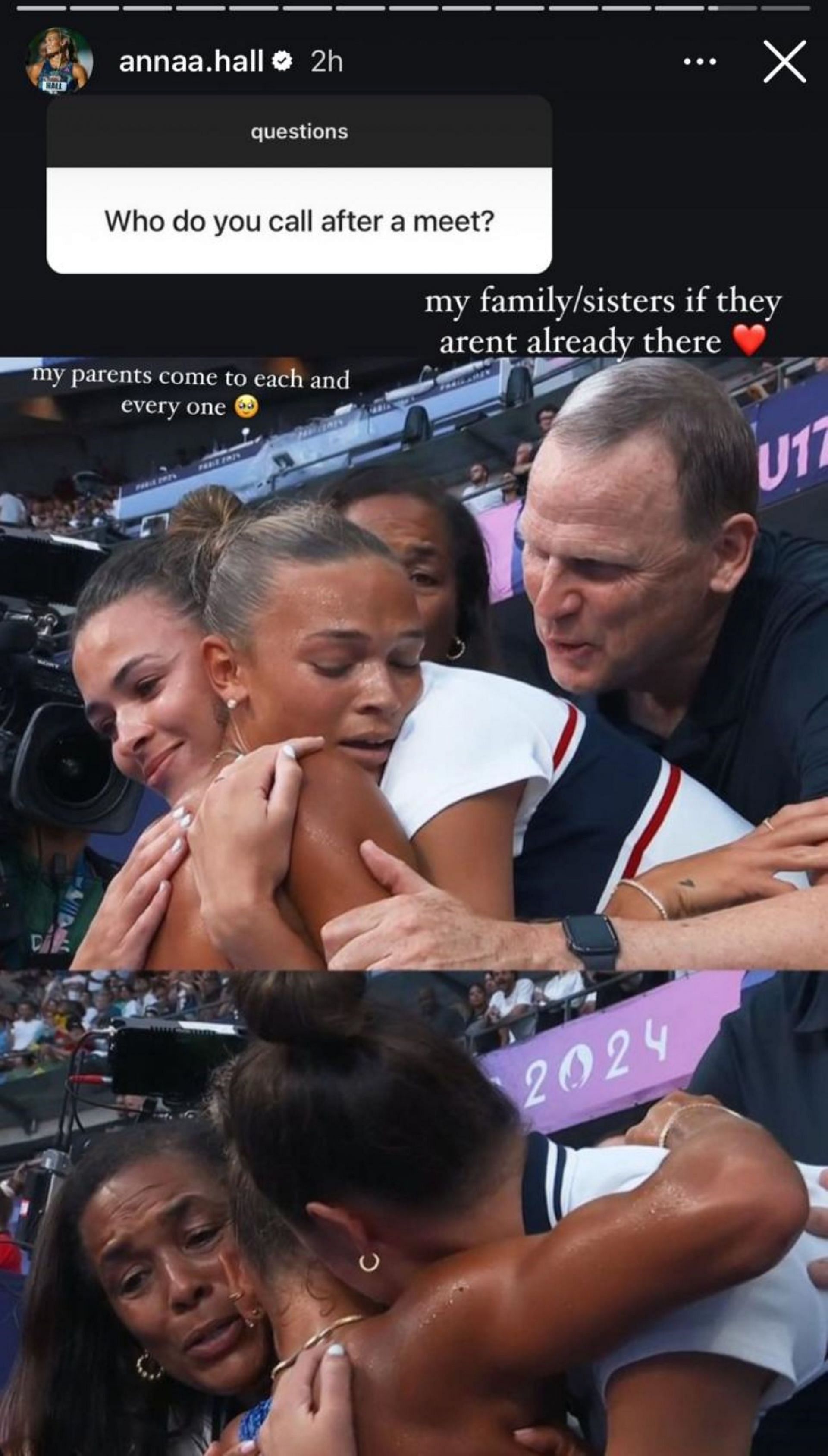 Anna Hall hugging her parents after her event; Instagram - @anna.hall