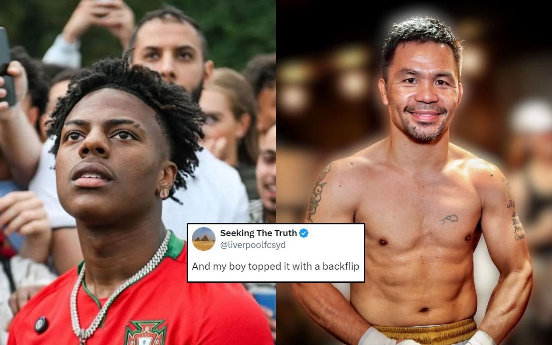Fans react (insert) to iShowSpeed (left) interacting with Manny Pacquiao (right). [Image credit: @iShowSpeedHQ on X, @ishowspeed and @mannypacquiao on Instagram]