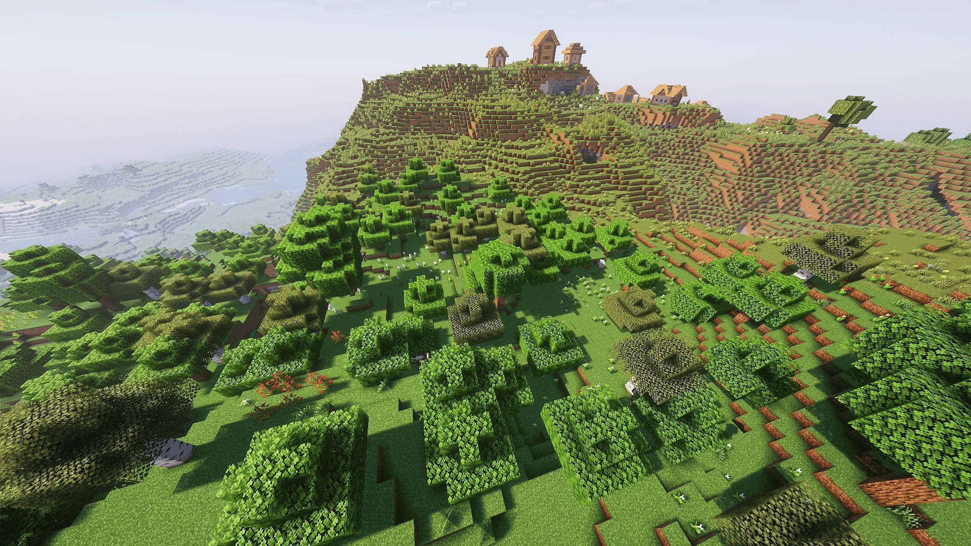 Enjoy both a flower forest and two villages incredibly close to this Minecraft seed's spawn (Image via Mojang)