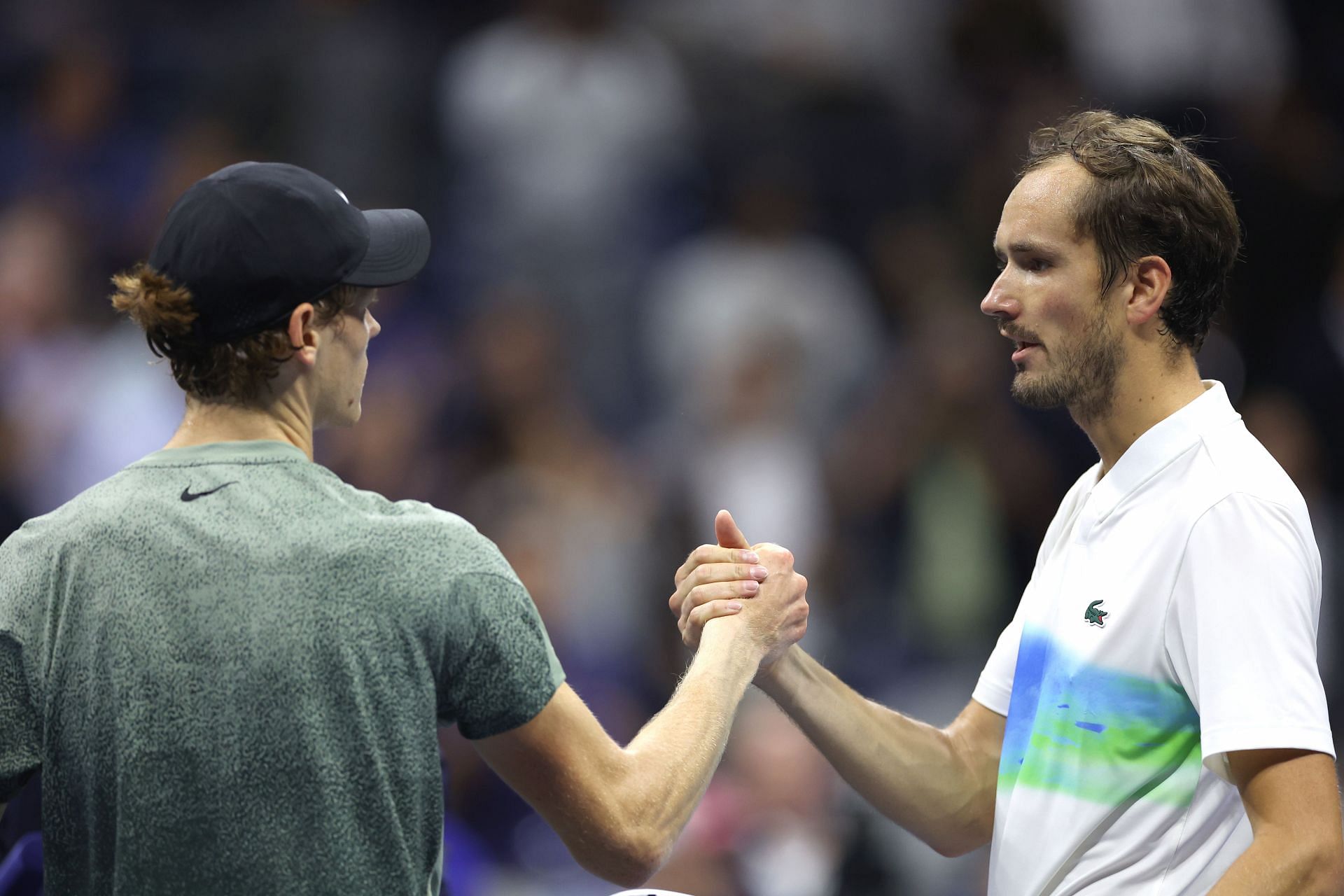 Jannik Sinner (L) and Daniil Medvedev pictured at the 2024 US Open | Image Source: Getty