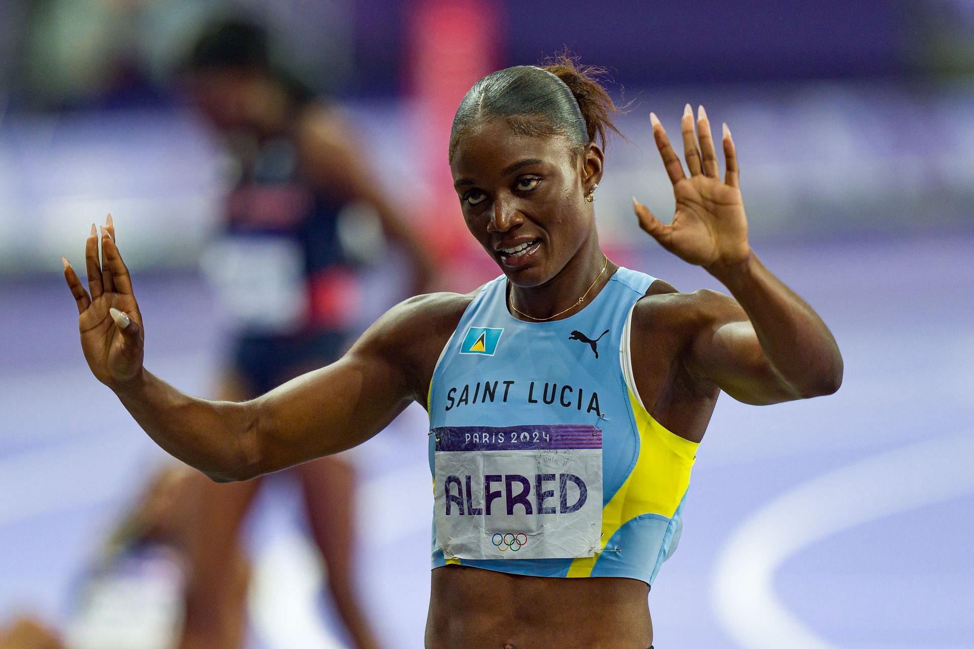 Julien Alfred at the 2024 Summer Olympics in Paris (Image via Getty)