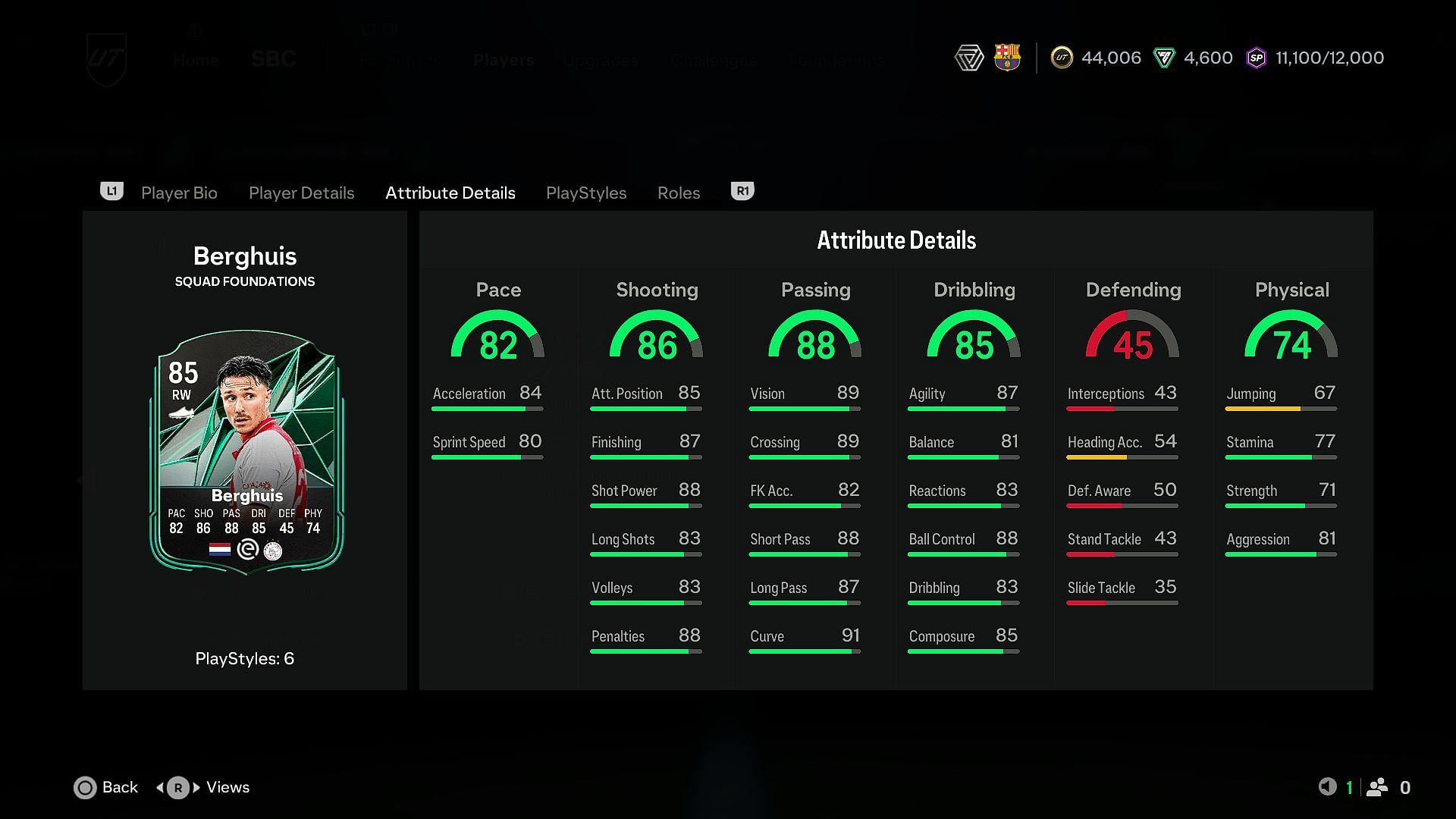 Squad Foundations Steven Berghuis stats (Image via EA)