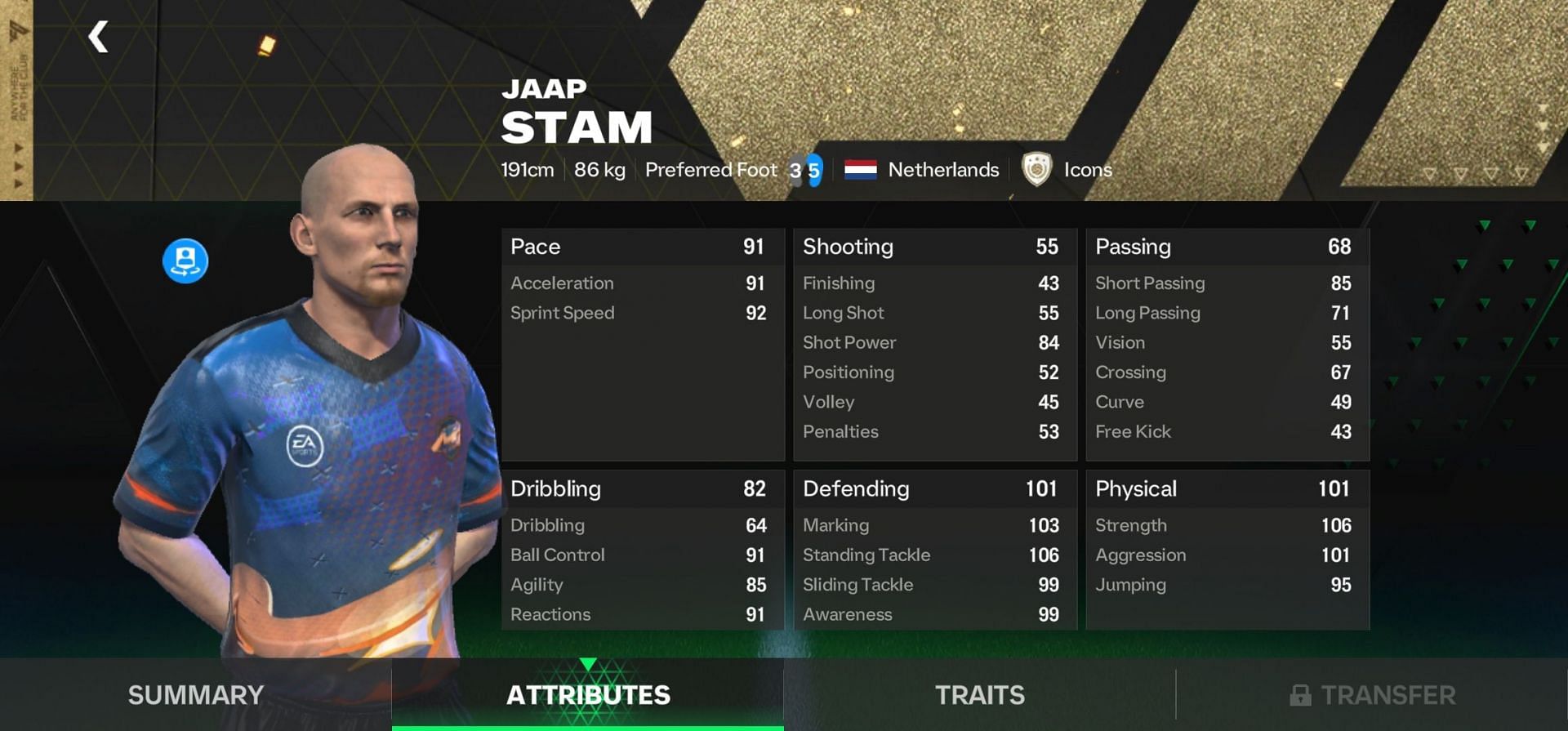 Jupp StamEA FC Mobile First Anniversary Special item&#039;s attributes (Image via EA Sports)