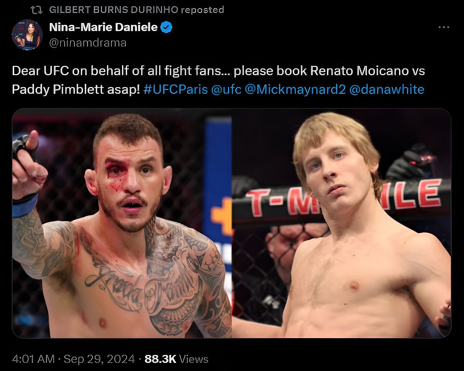 Gilbert Burns retweets Nina Drama's post about booking Renato Moicano vs. Paddy Pimblett [Image Courtesy: @GilbertDurinho, @ninadrama/X]