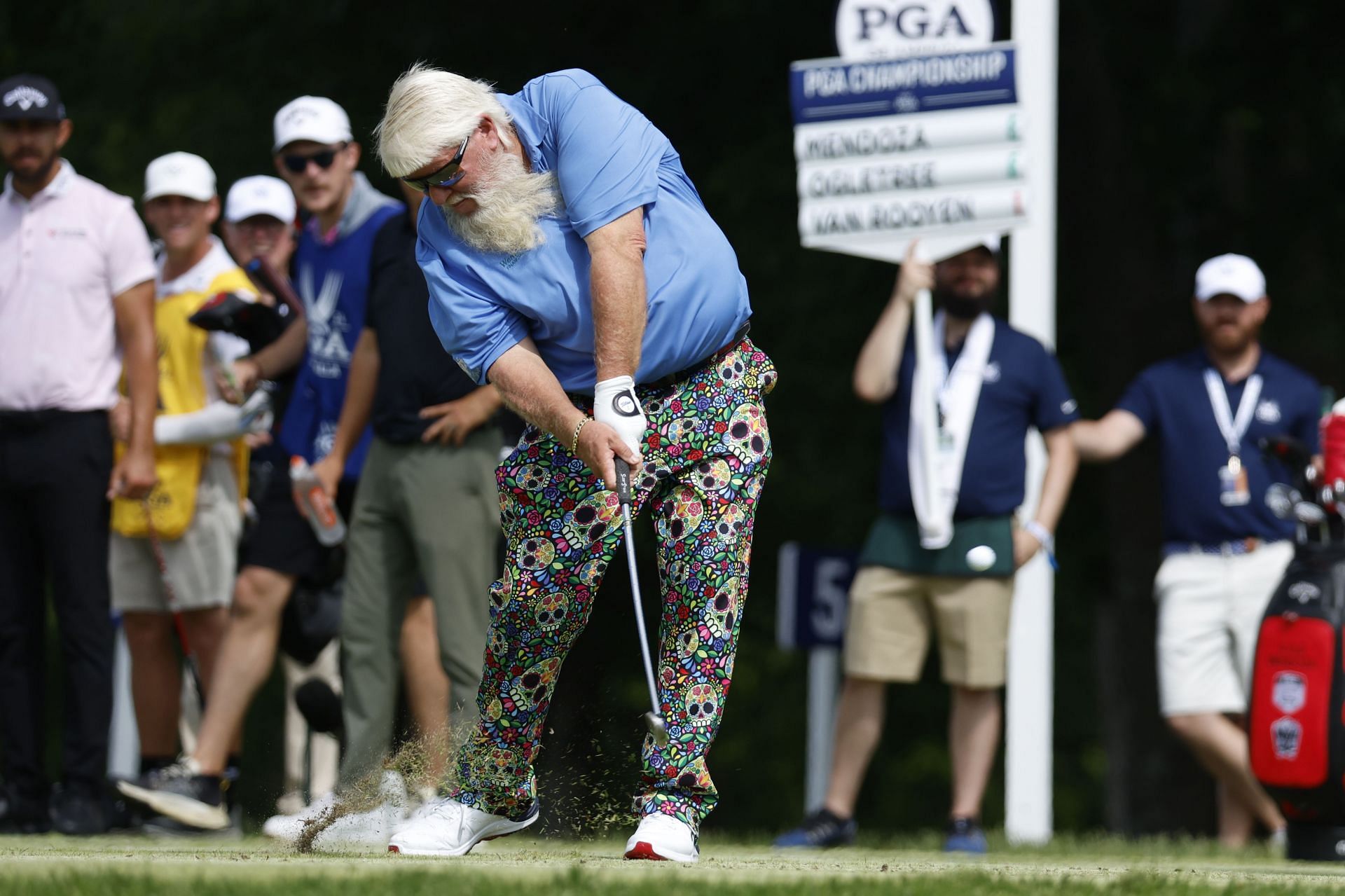 John Daly hits a tee shot from No. 8 during the first round of the PGA Championship. (Image Source: Getty)