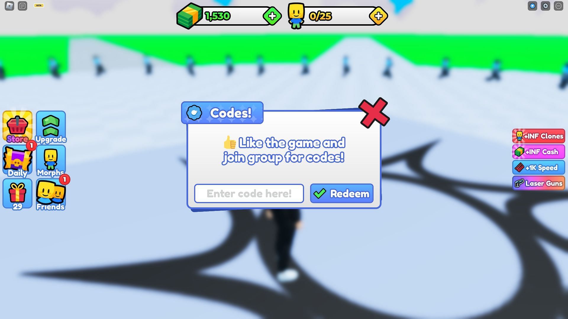 Redeem codes in Clone Simulator (Image via Roblox)