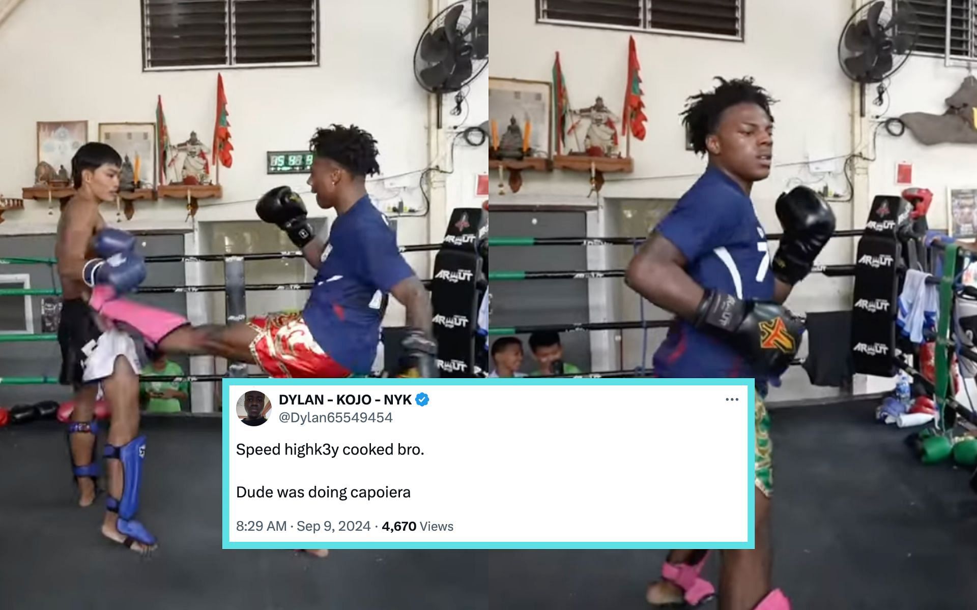 IShowSpeed (right) spars with Muay Thai fighters (left) in Thailand. [Images courtesy: IShowSpeed on YouTube]