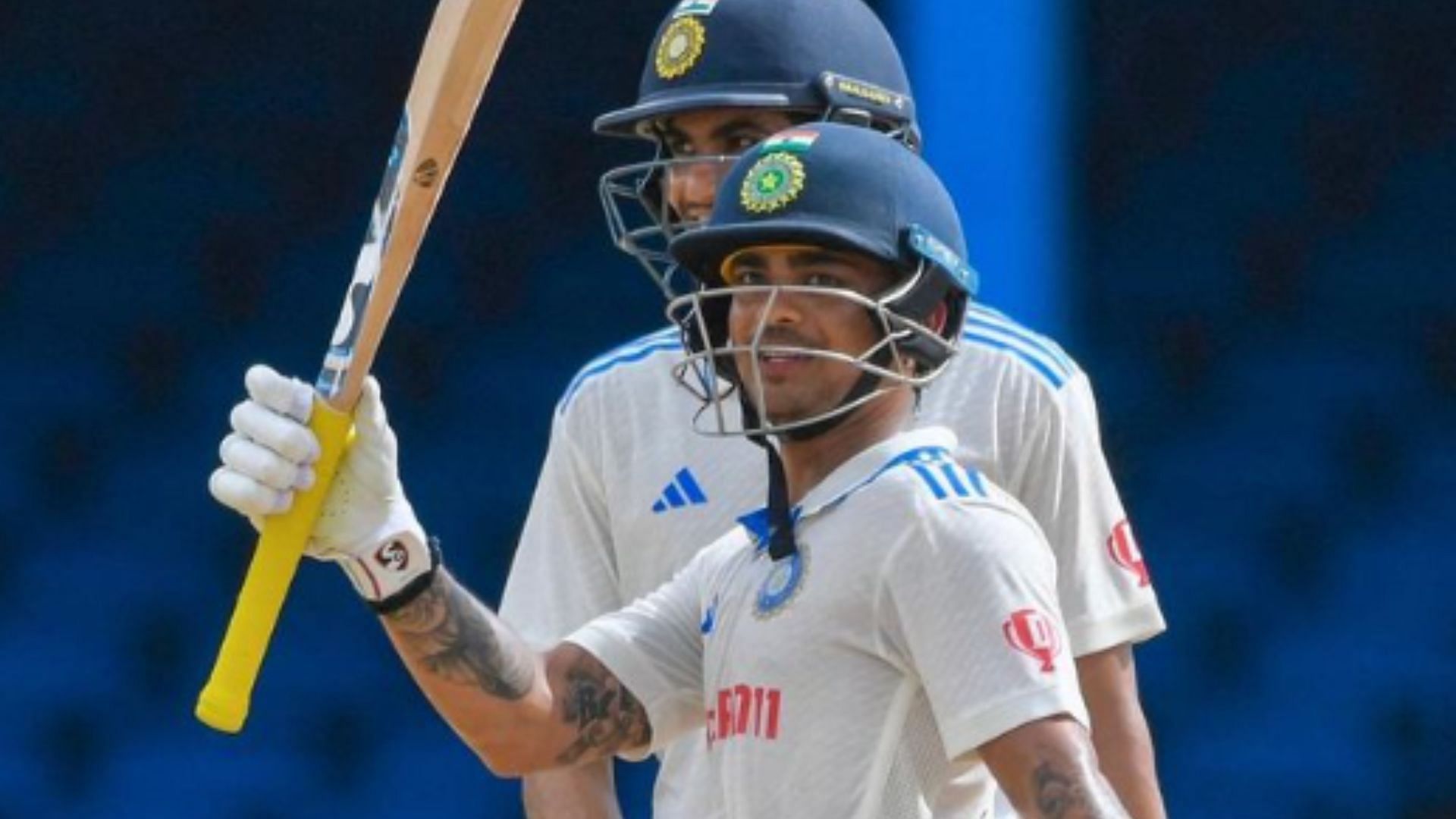 Ishan Kishan raises his bat after scoring his maiden Test fifty against West Indies.(Source: Ishan Kishan Instagram)