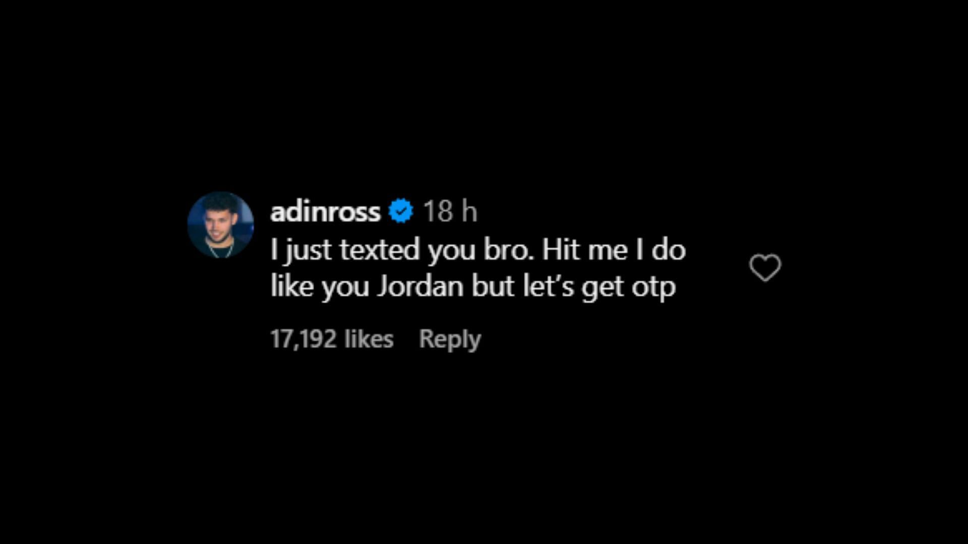 Adin Ross&#039;s comment under Playboi Carti&#039;s post mentioning him (Image via opium_00pium/X)