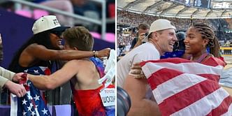 WATCH: Tara Davis-Woodhall and husband Hunter Woodhall run into each other's arms after their respective wins at the Paris Olympics and Paralympics