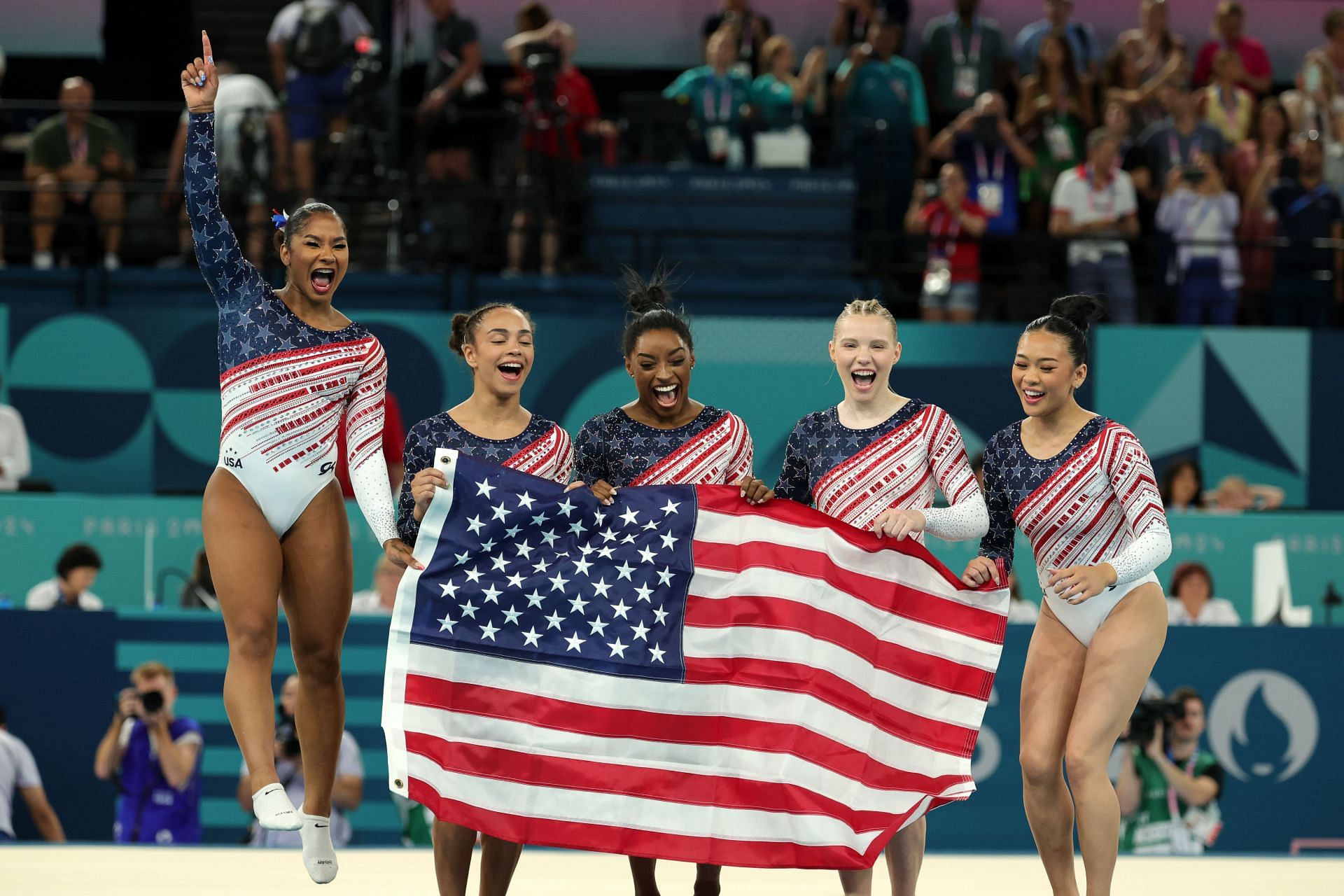 Jordan Chiles, Hezly Rivera, Simone Biles, Jade Carey, and Sunisa Lee at Paris Olympics 2024 (Photo via Getty Images)