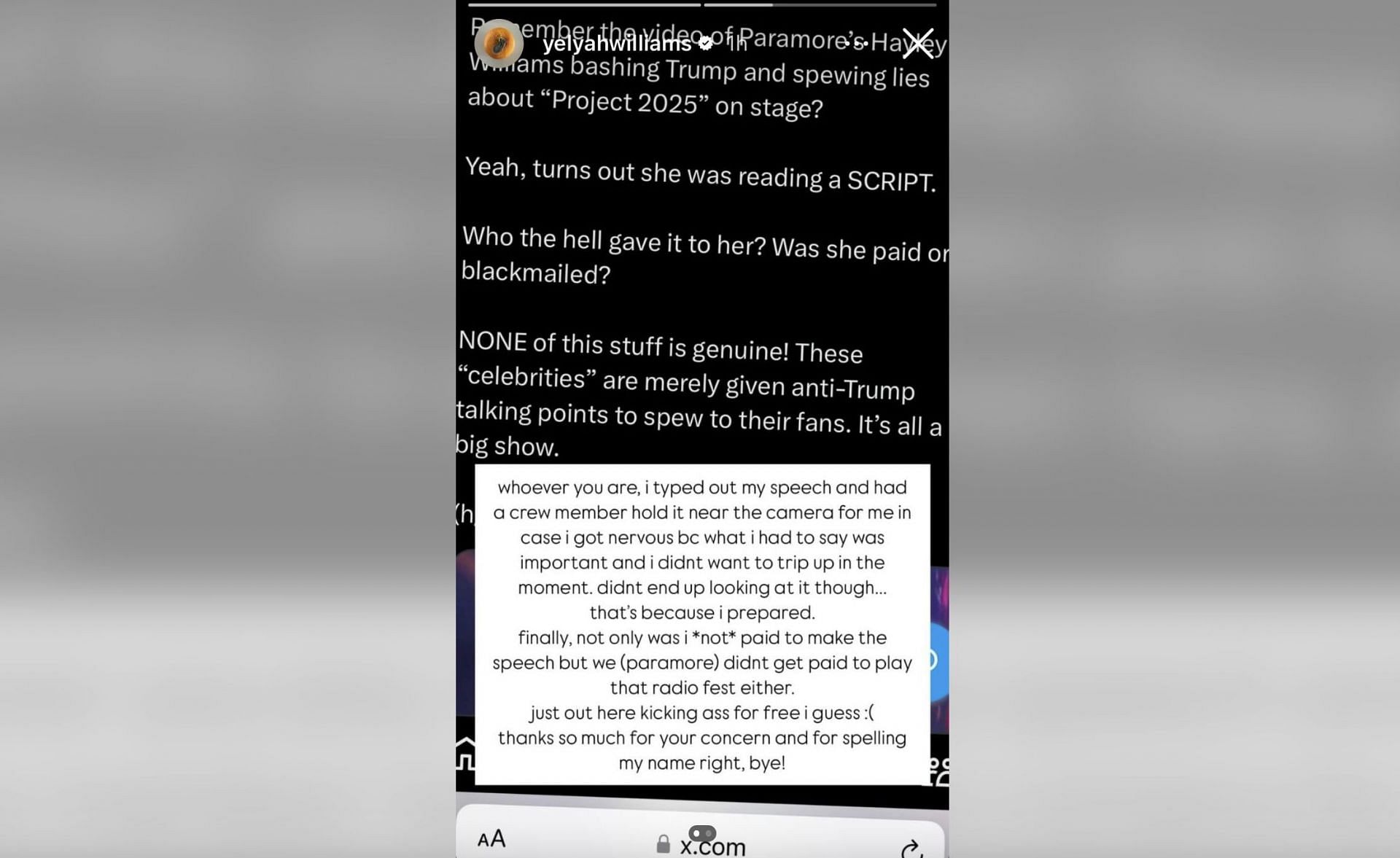 Hayley Williams slams X user who alleged that the singer was given a script as she bashed Trump during her speech at the iHeartRadio Music Awards. (Reddit)