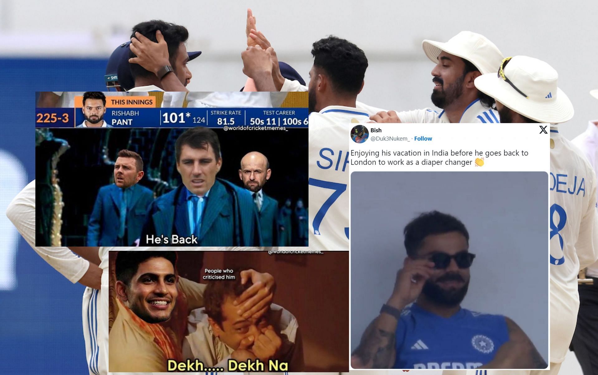 Fans react after Day 3 of 1st Test. (Image: X - @BCCI, @Duk3Nukem_, Instagram - worldofcricketmemes_)